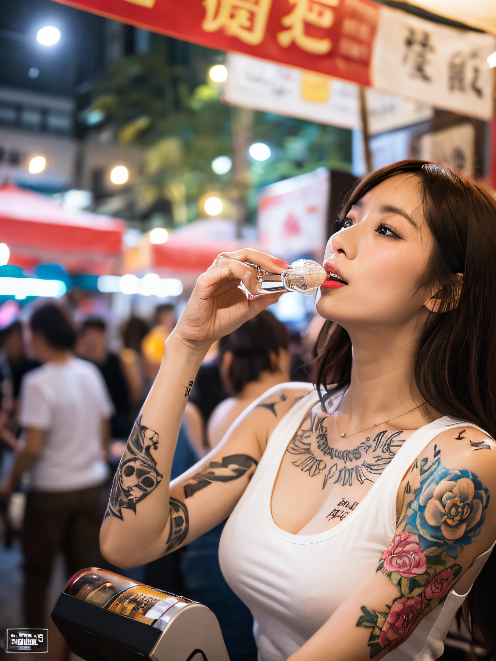 Top quality, one beautiful woman, tank top says "ADM", hands on mouth, medium breast, many tattoos, upper body, 35mm lens, f/1, night market, Taiwan