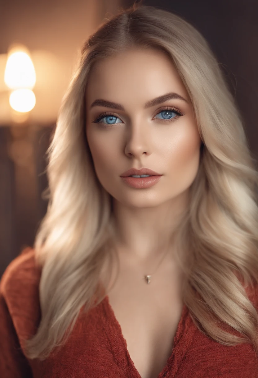 Allard woman completely , Sexy blue-eyed girl, Ultra photo realsisim, detailed meticulous, portrait sophie mudd, blonde hair and large eyes, selfie of a young woman, bedroom eyes, Violet Myers, nomake-up, Natural makeup, look straight at the camera, face with artgram, Subtle makeup, Stunning full-body shot kneeling on bed, in a  bedroom, Medium to large bust; ; ;Naked