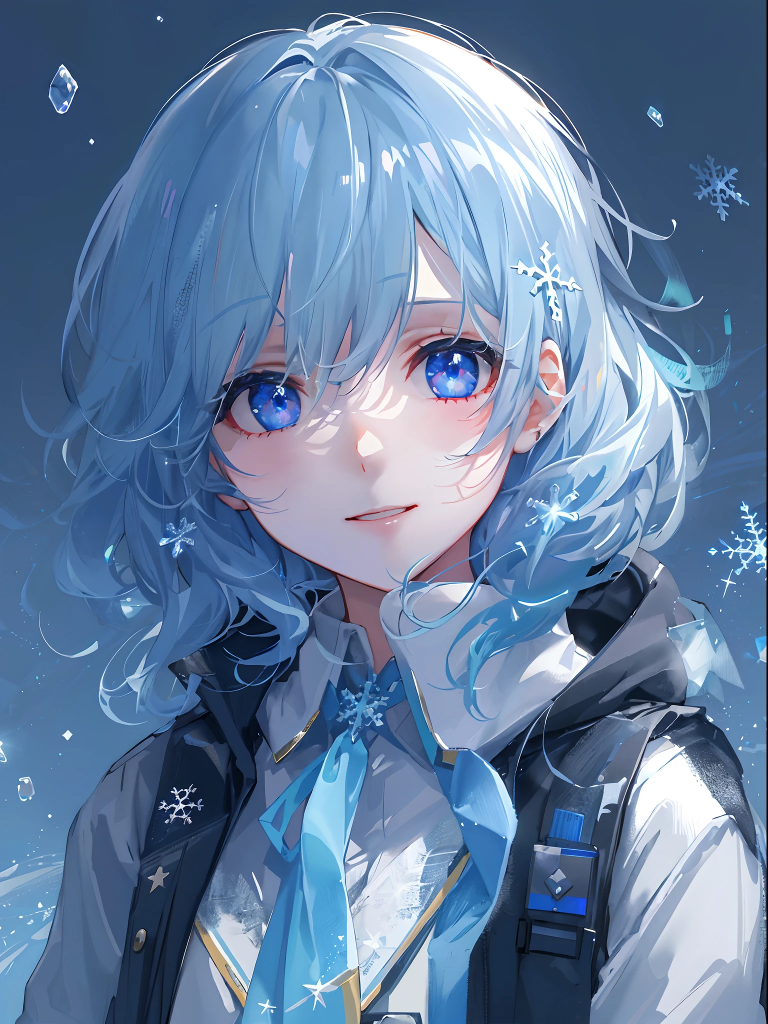 ((top-quality)), ((masterpiece)), ((ultra-detailliert)), (Extremely delicate and beautiful), girl with, 独奏, cold attitude,((Black jacket)),She is very(relax)with the(Settled down)Looks,A dark-haired, depth of fields,Evil smile,Bubble, under the water, Air bubble,bright light blue eyes,inner color with bright gray hair and light blue tips,,,,,,,,,Cold background,Bob Hair - Linear Art, shortpants、knee high socks、White uniform like school uniform、Light blue ribbon ties、Clothes are sheer、Hands in pockets、Bright eyes like sapphire,Fronllesse Blue, A small blue light was floating、Upper Eyes、glass shards、Snowflake Hair Ornament