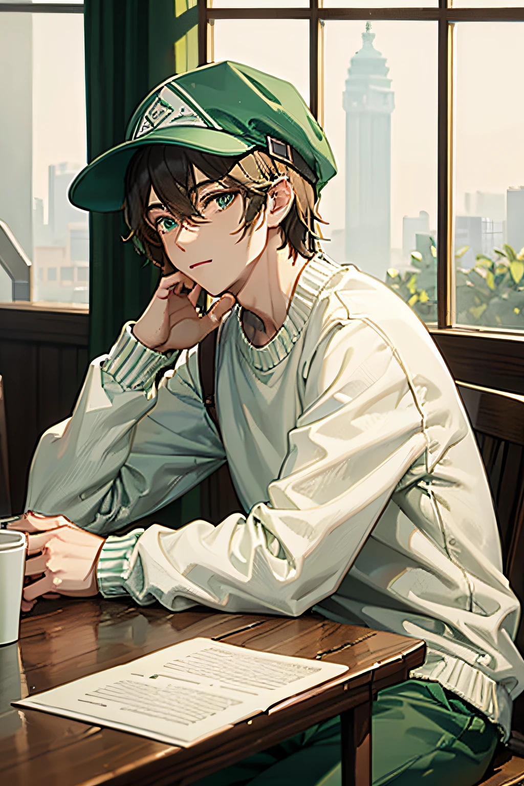 Young man sitting at a table drinking coffee, Pale green hat, wearing a cute hat, whitesweater, wearing a baseball hat,