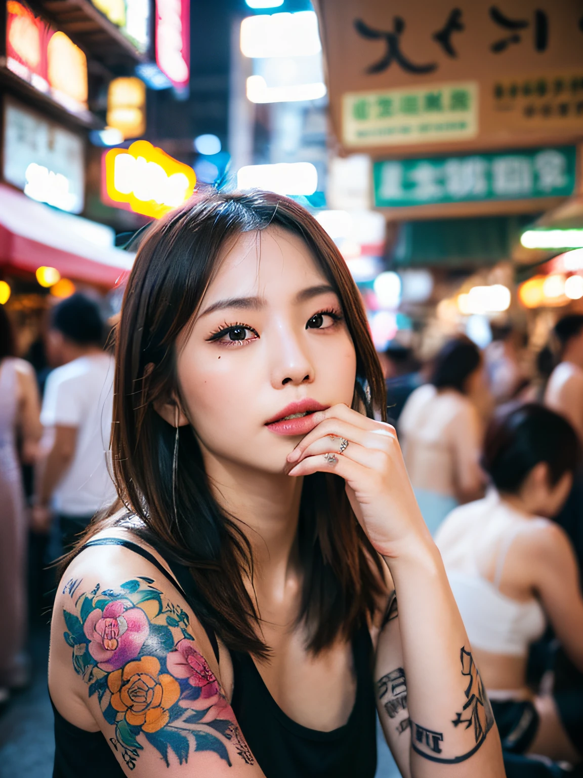 Top quality, one beautiful woman, tank top says "ADM", hands on mouth, medium breast, many tattoos, upper body, 35mm lens, f/1, night market, Taiwan