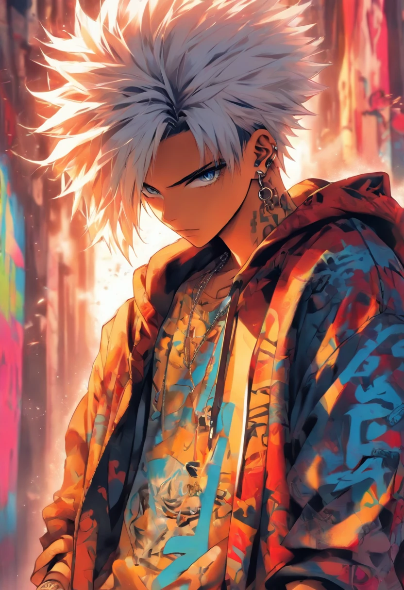 A cool and stylish boy, White hair, Blue eyes, Wear trendy hip-hop outfits, Wearing a hoodie, Graphic T-shirt and ripped jeans, Lots of tattoos and piercings, graffiti style background, highly detailed back ground, Perfect masterpiece, High quality, high resolution