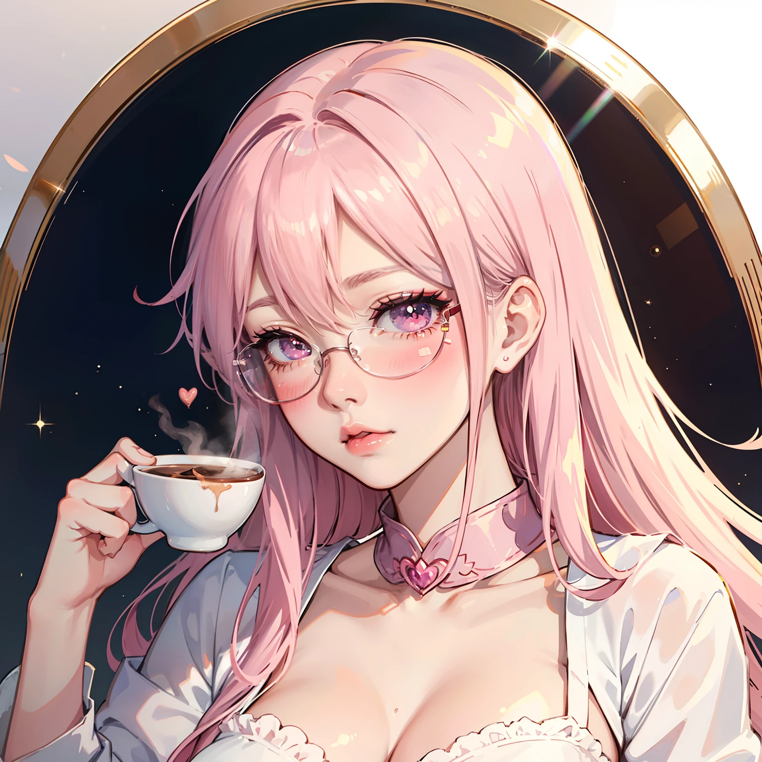 anime girl with pink hair, Aegyo-sal,  eyebags, wearing glasses, makeup, blush, blush nose, glitter makeup on eyes, perfect anime face, semi - realistic anime, detailed anime soft face, sleeping mask on head, holding coffee cup, gigantic tits