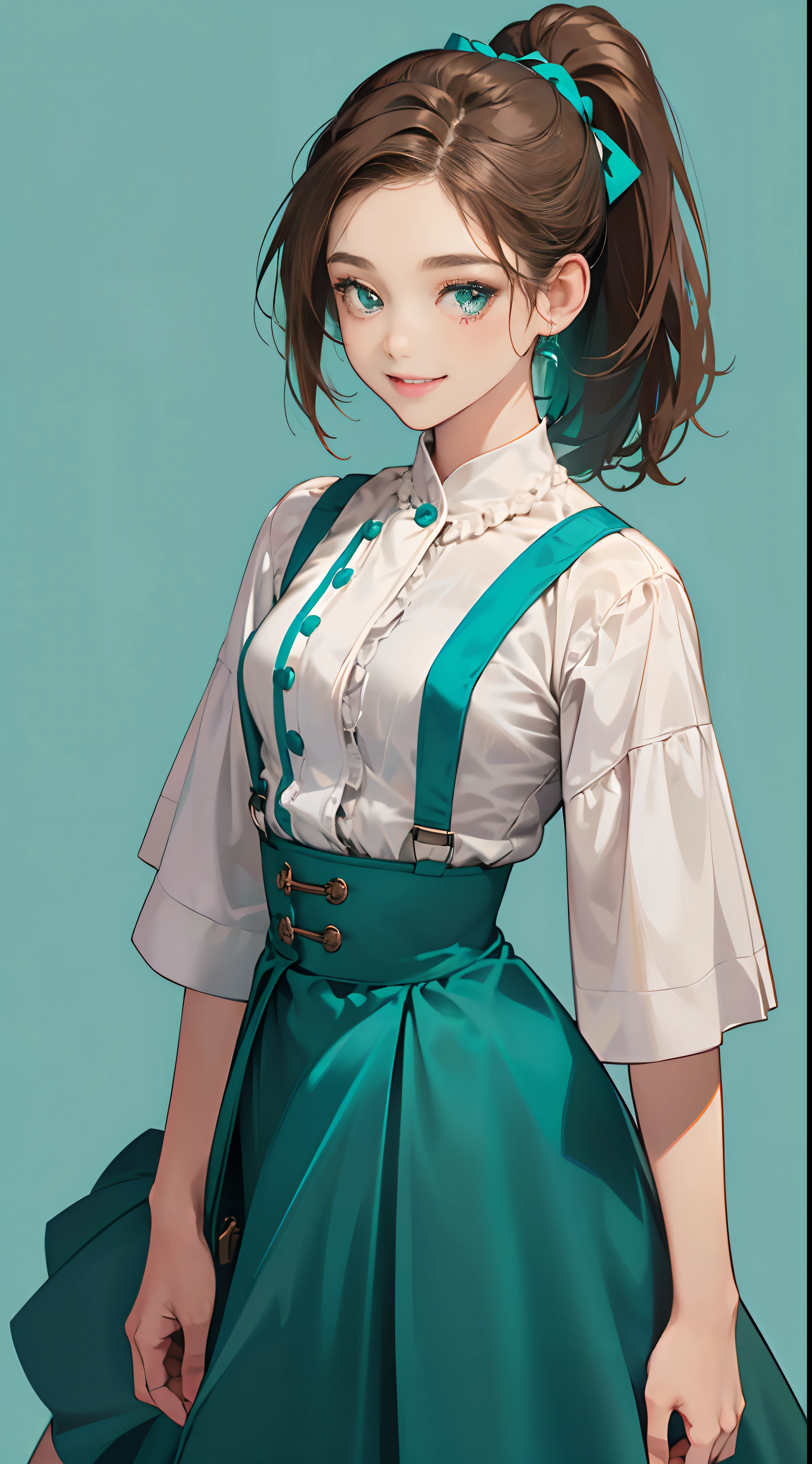 1womanl,12year old,Brown hair,Beautiful ponytail hairstyle, (Teal High Waist Skirt:1.3),, (whiteshirt:1.3), (double-breasted,Underbust:1.2), Short sleeves, buttonGap,A smile,small tits,suspenders,