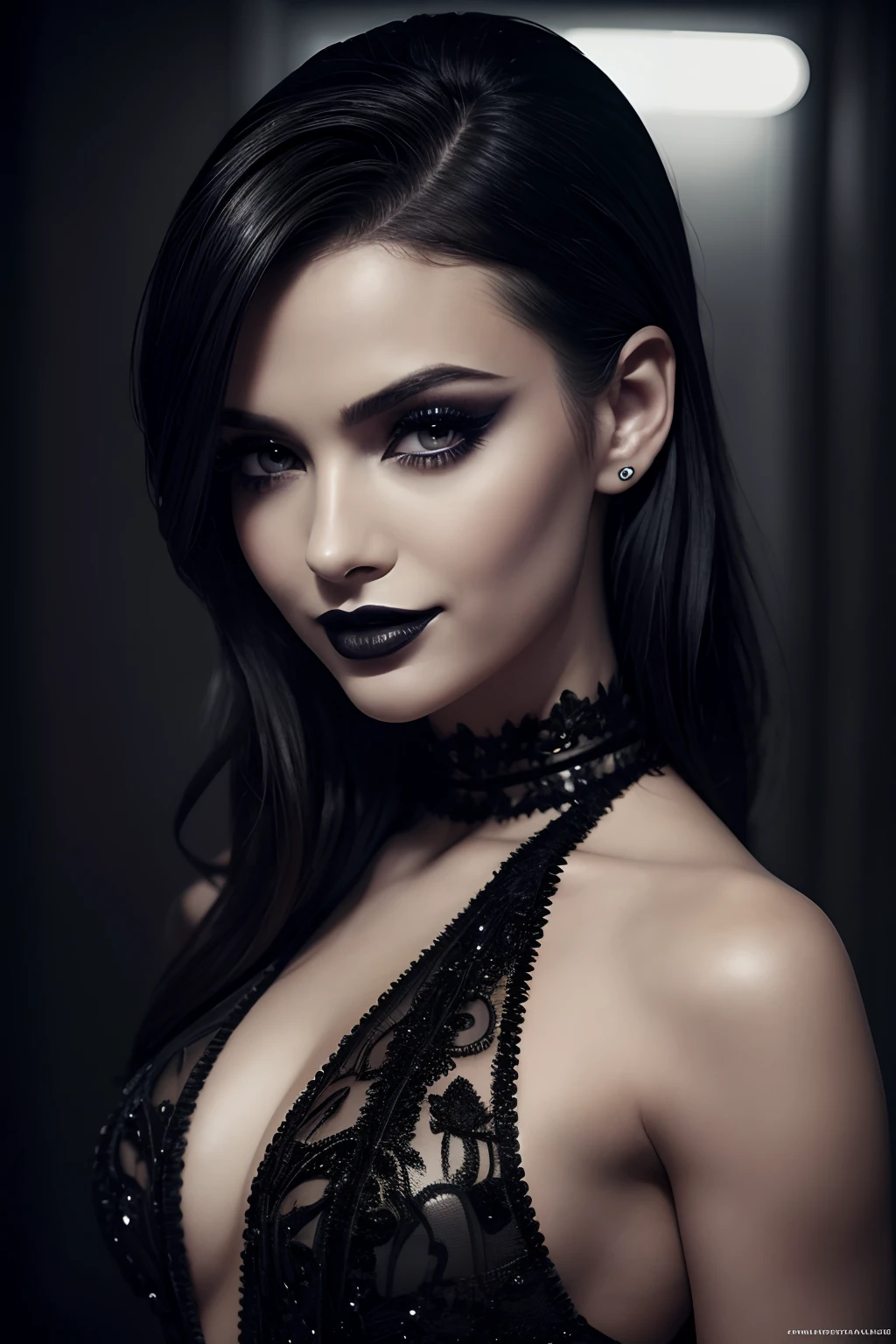 Makeup artists do makeup for celebrities，(Masterpiece:1.2), Best Quality, Masterpiece, hight resolution, Original, extremely detailed wallpaper, perfect  lighting,(extremely detailed CGI:1.2), Girl in a black dress, black lipstick on the lips, in full height,  Smiling, (Best Quality, Ultra-detailed), dark and moody atmosphere, Portrait, High-contrast lighting