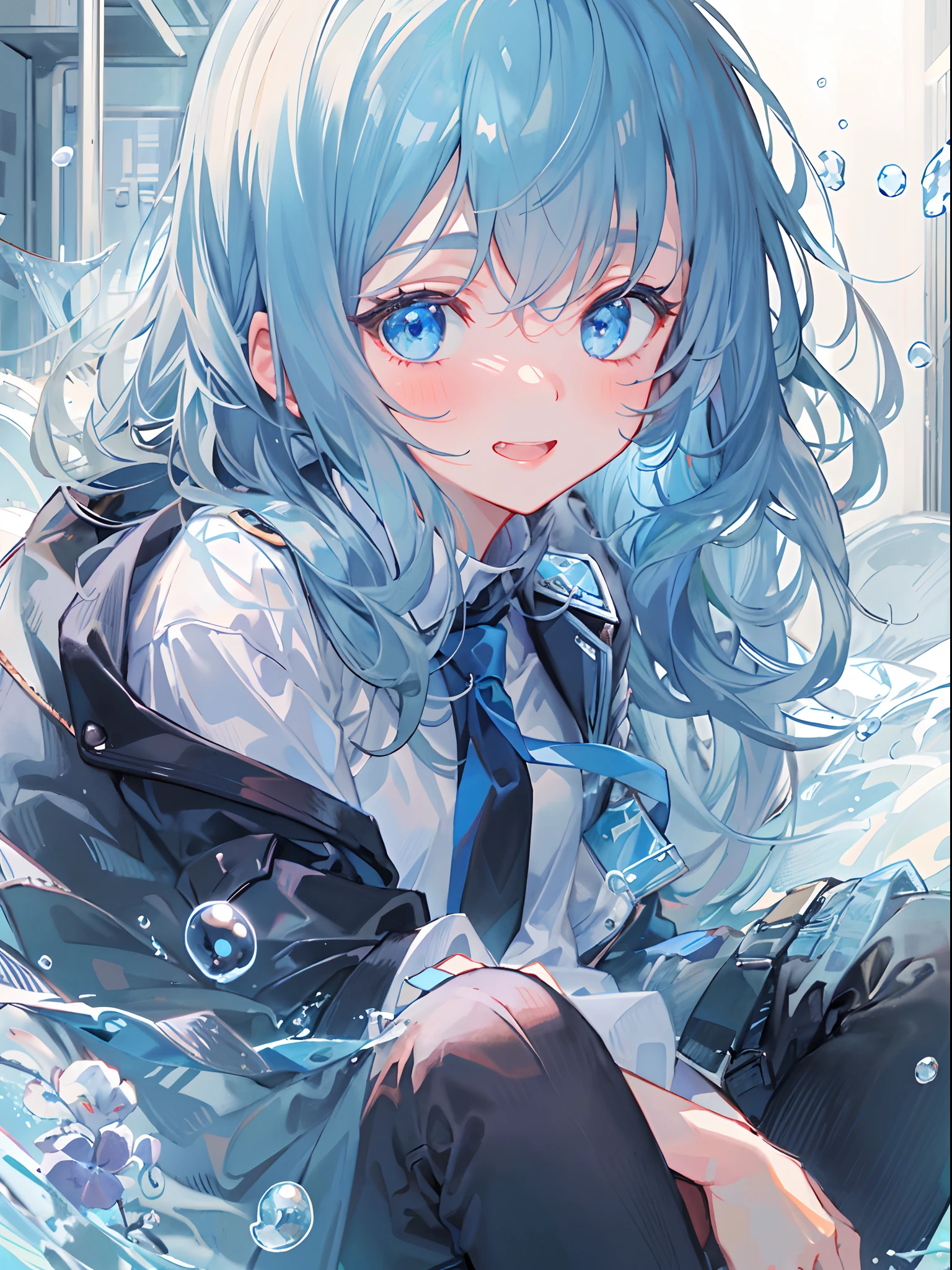 ((top-quality)), ((​masterpiece)), ((ultra-detailliert)), (Extremely delicate and beautiful), girl with, 独奏, cold attitude,((Black jacket)),She is very(relax)with  the(Settled down)Looks,A dark-haired, depth of fields,Evil smile,Bubble, under the water, Air bubble,bright light blue eyes,inner color with bright gray hair and light blue tips,,,,Cold background,Bob Hair - Linear Art, shortpants、knee high socks、White uniform like school uniform、Light blue ribbon ties、Clothes are sheer、Hands in pockets、Bright eyes like sapphire,Fronllesse Blue, A small blue light was floating、Upper Eyes、foodie