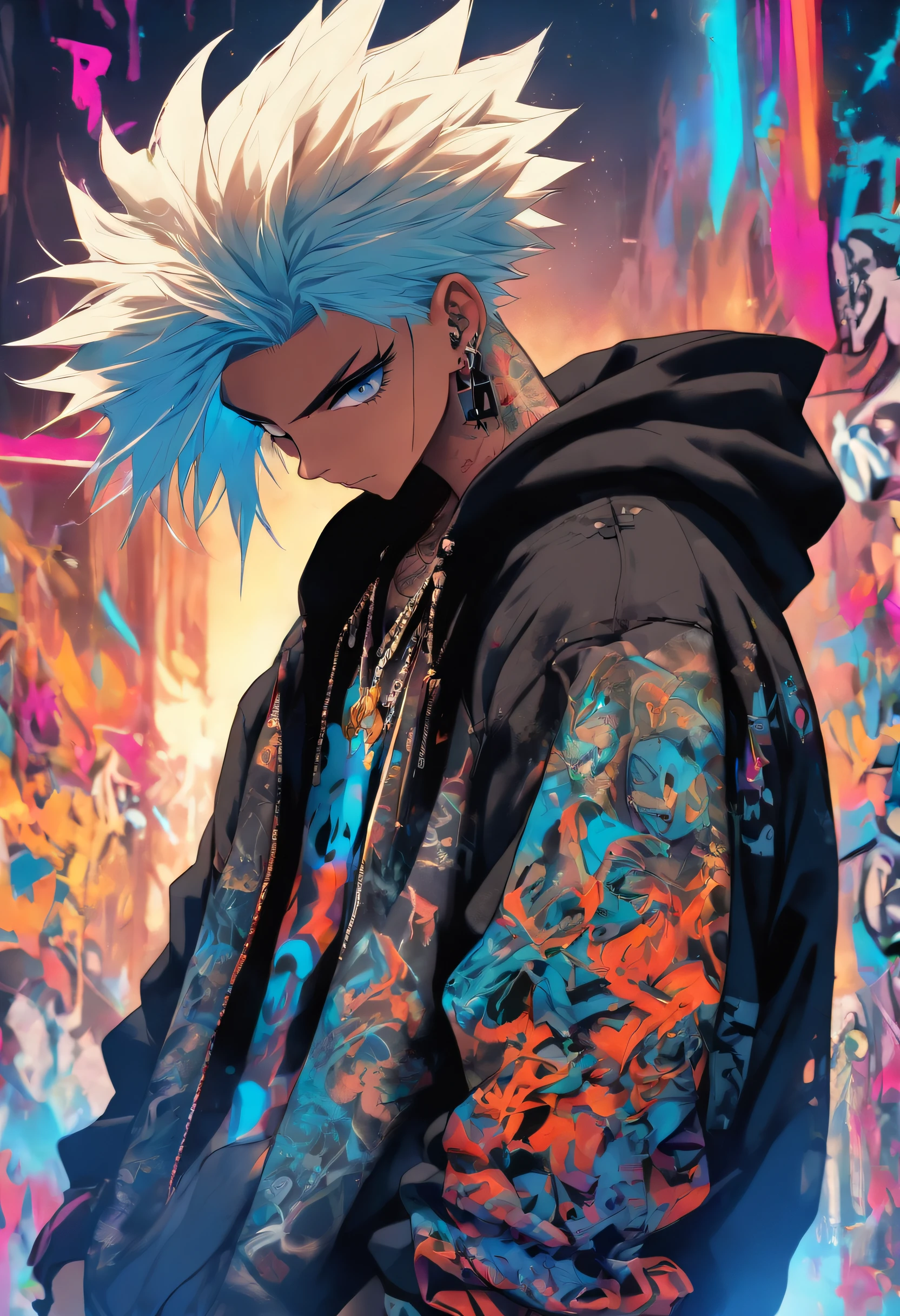 A cool and stylish boy, White hair, Blue eyes, Wear trendy hip-hop outfits, Wearing a hoodie, Graphic T-shirt and ripped jeans, Lots of tattoos and piercings, graffiti style background, highly detailed back ground, Perfect masterpiece, High quality, high resolution