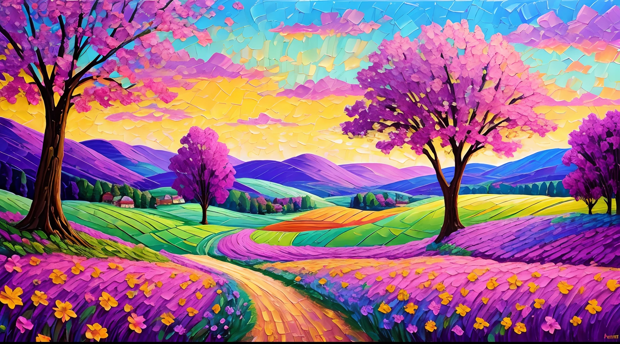 paintings of purple trees and a couple in a field, beautiful art uhd 4 k, bright landscape, mythical floral hills, scenery artwork, scenery art detailed, inspired by Erin Hanson, colorful landscape painting, magical landscape, vivid abstract landscape, blissful landscape, artistic landscape, painted landscape, landscape art, dreamy landscape, whimsical fantasy landscape art, impasto painting, made of tree and fantasy valley