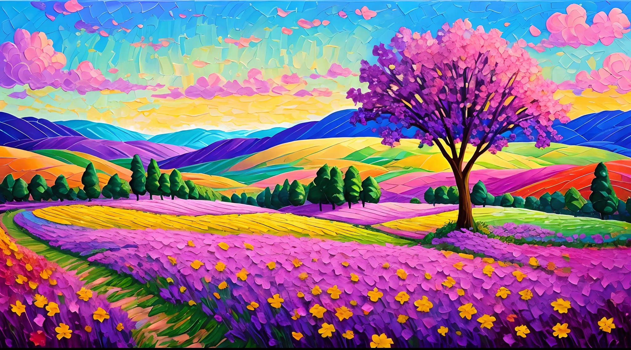 paintings of purple trees and a couple in a field, beautiful art uhd 4 k, bright landscape, mythical floral hills, scenery artwork, scenery art detailed, inspired by Erin Hanson, colorful landscape painting, magical landscape, vivid abstract landscape, blissful landscape, artistic landscape, painted landscape, landscape art, dreamy landscape, whimsical fantasy landscape art, impasto painting, made of tree and fantasy valley