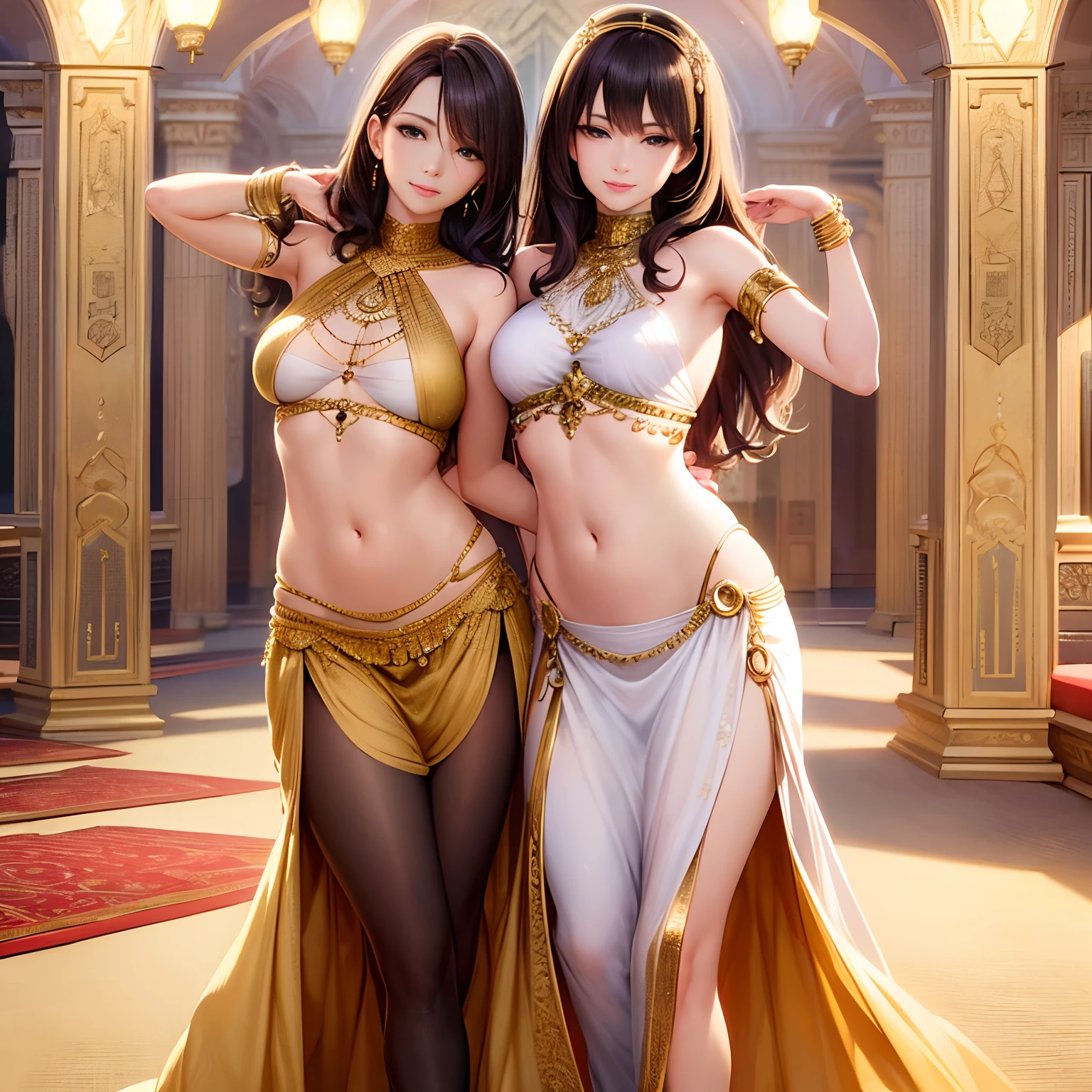 (Best Quality,4K,8K,hight resolution,masutepiece:1.2),Ultra-detailed,(Realistic,Photorealistic,Photorealsitic:1.37),Happy laughter,1 beautiful woman,Cute face,beautiful brown curly short hair,Cute eyes,pixiv,light-novel,Beautiful belly dance costume and long skirt,Beautiful choker,Standing,Beautiful hall on Middle Eastern palace background,