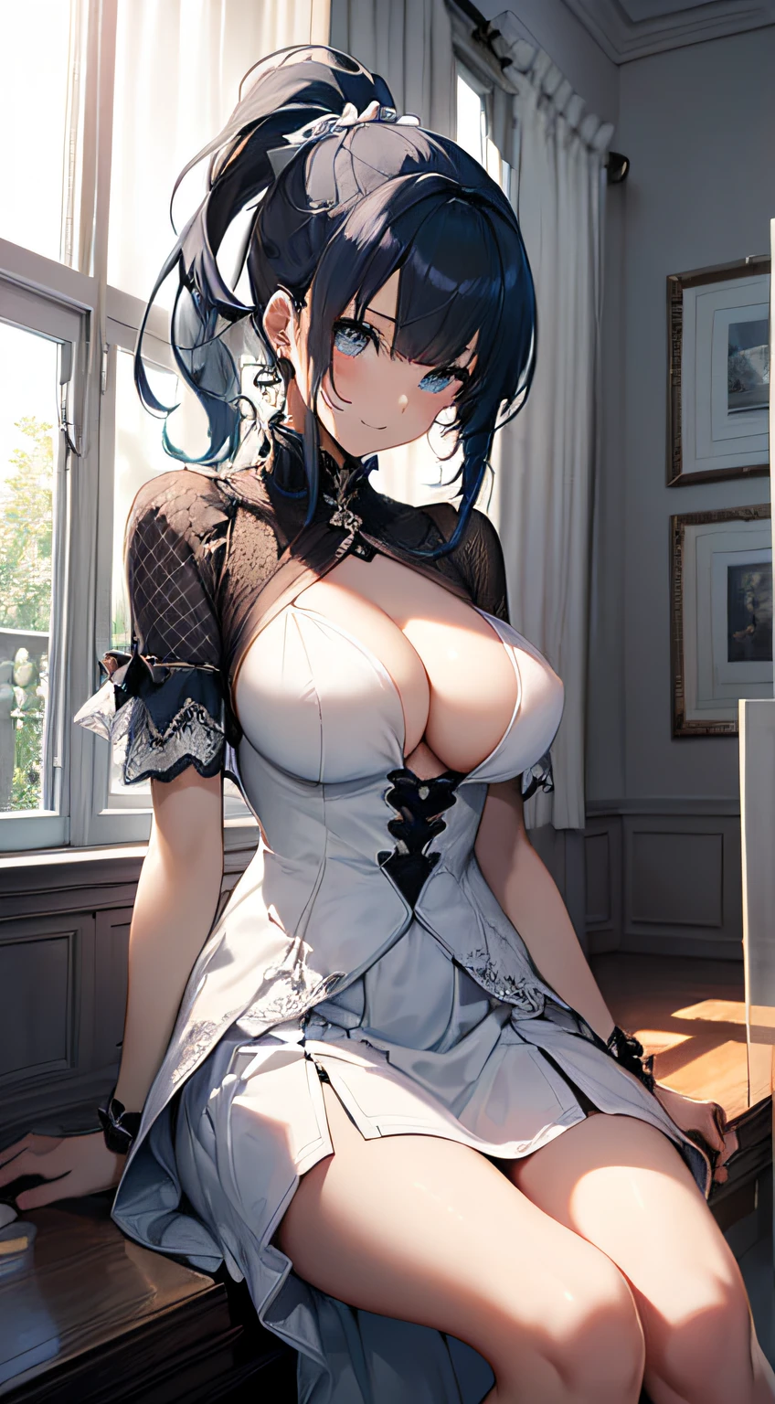 top-quality、Top image quality、masterpiece、girl with((cute little、18year old、Best Bust、Medium bust、Bust 85,Beautiful blue eyes、Breasts wide open,Ponytail with black hair、A slender、Blue hair mesh、Beautiful white dress、White short skirt、Laugh))hiquality、Beautiful Art、Background with((Large White Room、White lighting,White curtains are fluttering)),masutepiece、Elaborate design、visualart、depth of fields、The best lighting、highestdetailed、8k