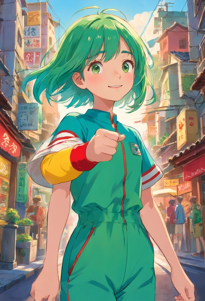 A teenage girl in a jumpsuit, Estilo Pixar, no estilo de objetos tridimensionais luminosos, tem um sorriso de desenho animado, com olhos bonitos verde e azul , pele branca e bochechas cor-de-rosa, A winning photo in the community contest, morango longo, - cabelos coloridos , Espinho, cabelos verde e vermelho muito desordenados, Feelings in the metropolis , iridescence/lustro, Imagem realista ultra detalhada, 16K - Estilo Expressivo - Negi 5, best quality, alta qualidade, high resolution, Reinforcement Details