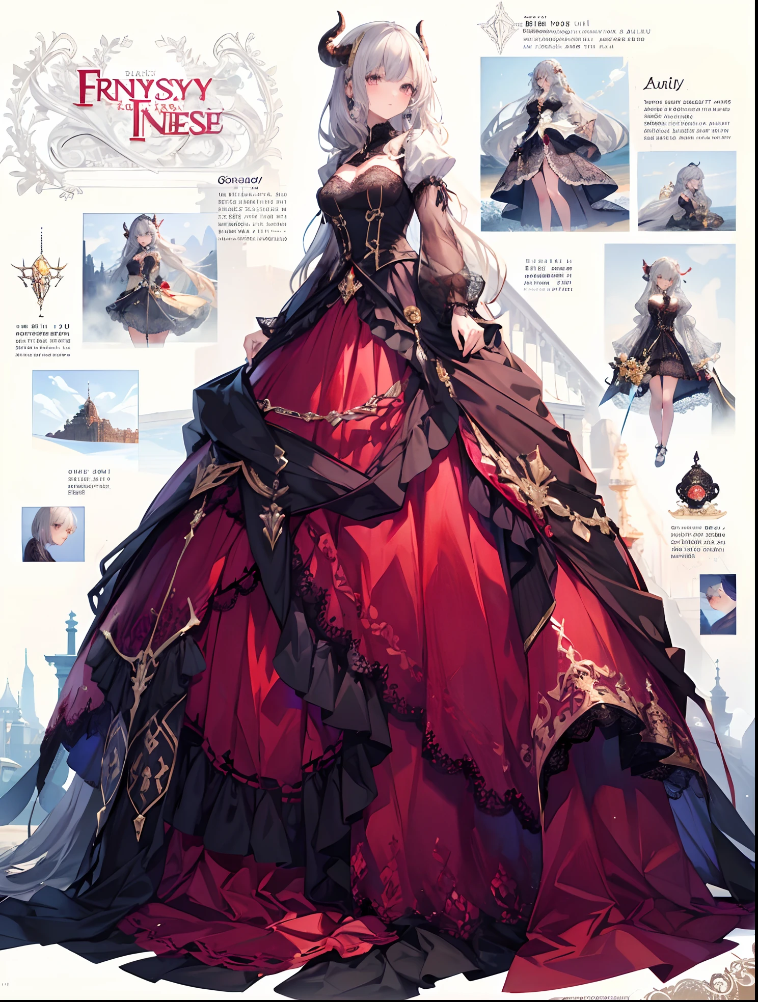 ((One girl)), Ultra-realistic photo of a girl in a majestic wine red and black ball gown dress, Big beautiful dress, Complex puffy ball gown with lots of frills and rhinestones, (Black horned:1.2), (Best Quality, masutepiece, ((Lace sleeves:1.2))。 art  stations, Fantasy Art:1.2), Palace rooms, Beautiful cute girl, (long hair with gray hair:1.3), (Complex short gold skirt, Bare legs:1.2, Full body shot)