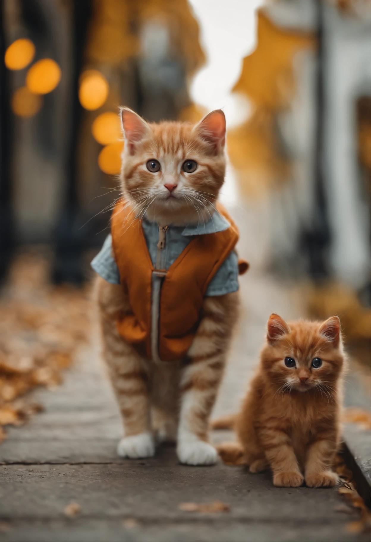 season for autumn、I have two little kittens, a cute little cat, cute kittens, Cutest, Incredibly cute, Adorable and cute, And cute and lovely. They are walking down the street with backpacks, Walking together, commute, Proudly walk down the street, And the cat is walking. They are cute in the style of 🍂 and 🍁, Adorable and cute, Cute and adorable, oh, nice and cute. They are known as real-life Tom and Jerry.Wearing warm clothes、muffler、coat