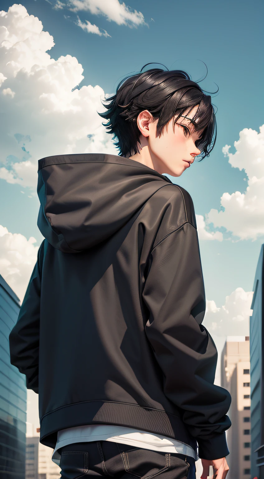 anime boy, 1boy, black hair, wear grey hoodie, looking away at the sky, facing away, from behind, sky with clouds, afternoon, lo-fi, camera from below, figure postition a little bit on the edge