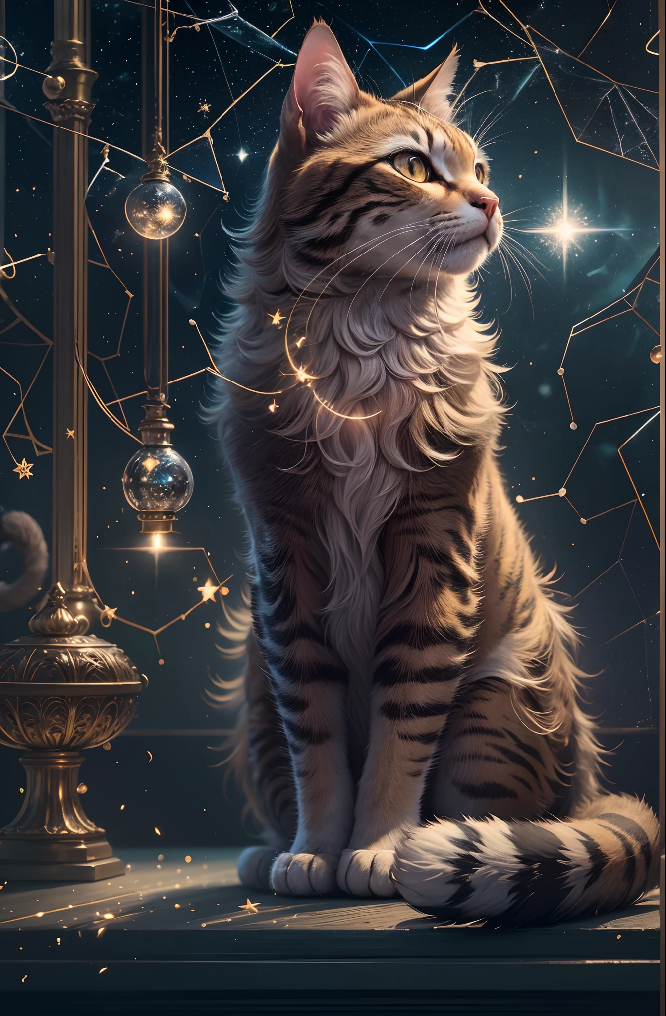 Cat,wonder,fantastic,extremely detailed,8k wallpaper,masterpiece:1.2,ultra-detailed,realistic:1.37,HDR,UHD,studio lighting,ultra-fine painting,sharp focus,physically-based rendering,extreme detail description,professional,portraits,vivid colors,cat eyes,soft fur,golden,curious,playful,graceful pose,fluffy tail,whiskers,whimsical background,abstract colors,dreamlike lighting