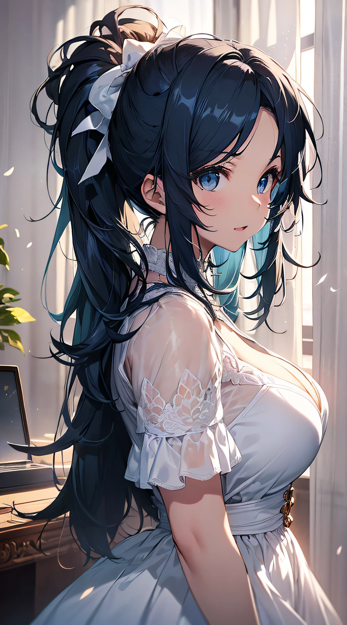 top-quality、Top image quality、masterpiece、girl with((cute little、18year old、Best Bust、Medium bust、Bust 85,Beautiful blue eyes、Breasts wide open,Ponytail with black hair、A slender、Blue hair mesh、Beautiful white dress、White short skirt、Laugh))hiquality、Beautiful Art、Background with((Large White Room、White lighting,White curtains are fluttering)),masutepiece、Elaborate design、visualart、depth of fields、The best lighting、highestdetailed、8k