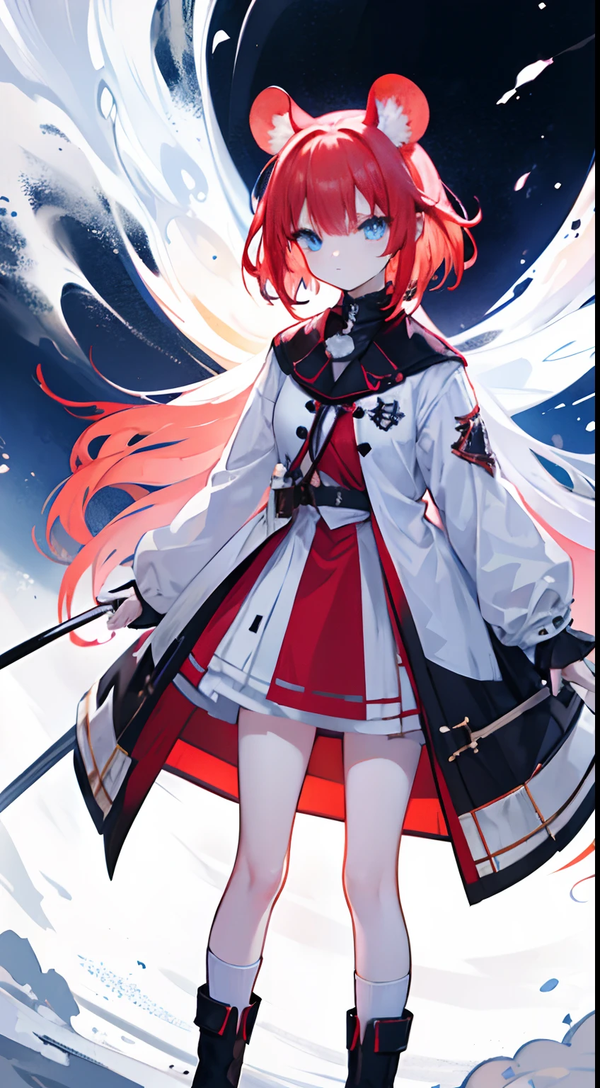 1girll;short fiery red hair;messy hair style；Azka Blue Eyes;Calm expression;robe blanche；medium build；Black Over the Knee Socks；White boots;Good light;Vacant land,Mouse ears