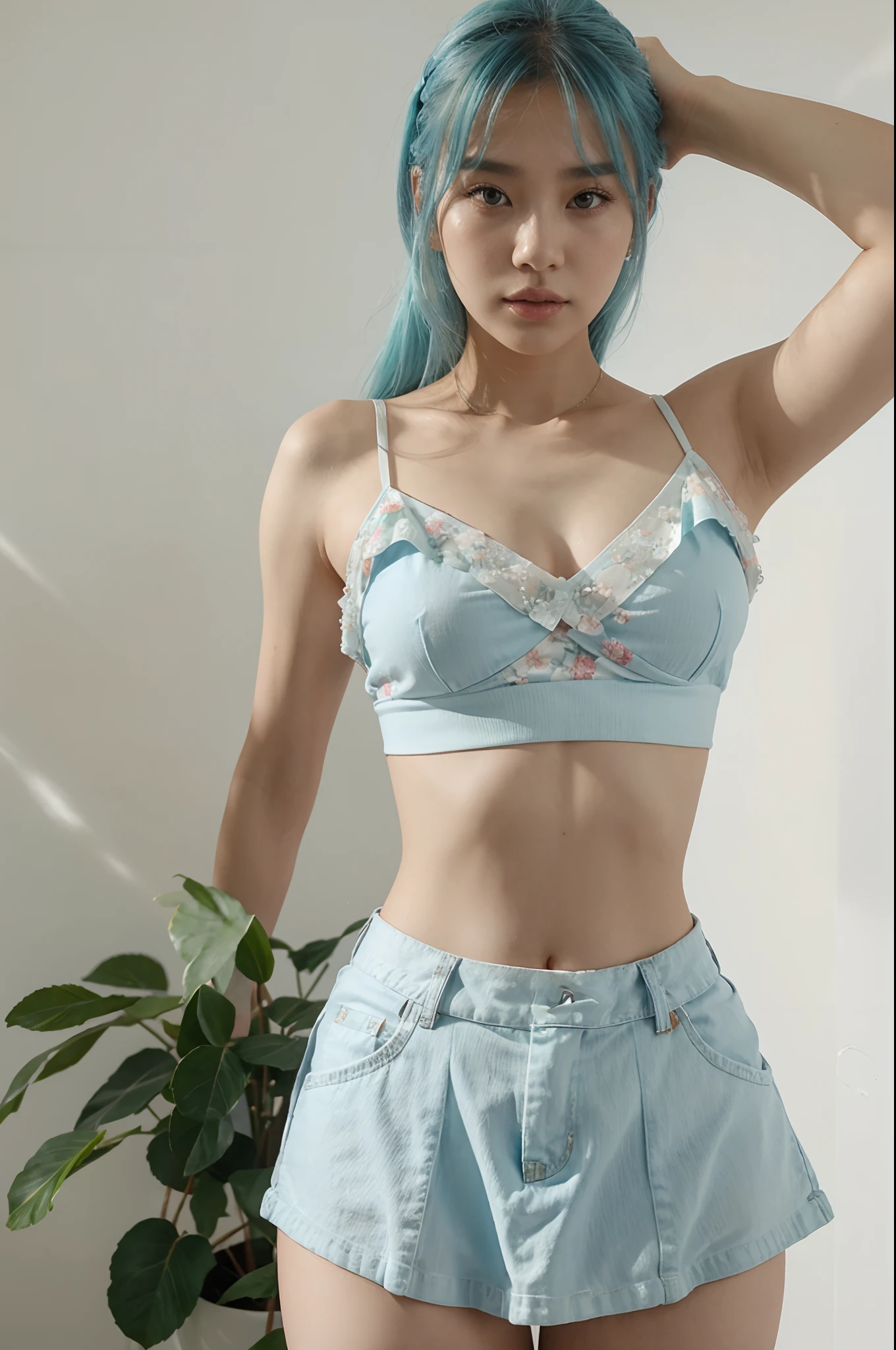 a woman in a floral crop top and mint skirt posing for a picture, croptop, crop top, bralette, wearing white camisole, bae suzy, wearing a camisole, physical : tinyest midriff ever, gorgeous young korean woman, heonhwa choe, cutecore, lulu chen, reluvy5213, light blue hair