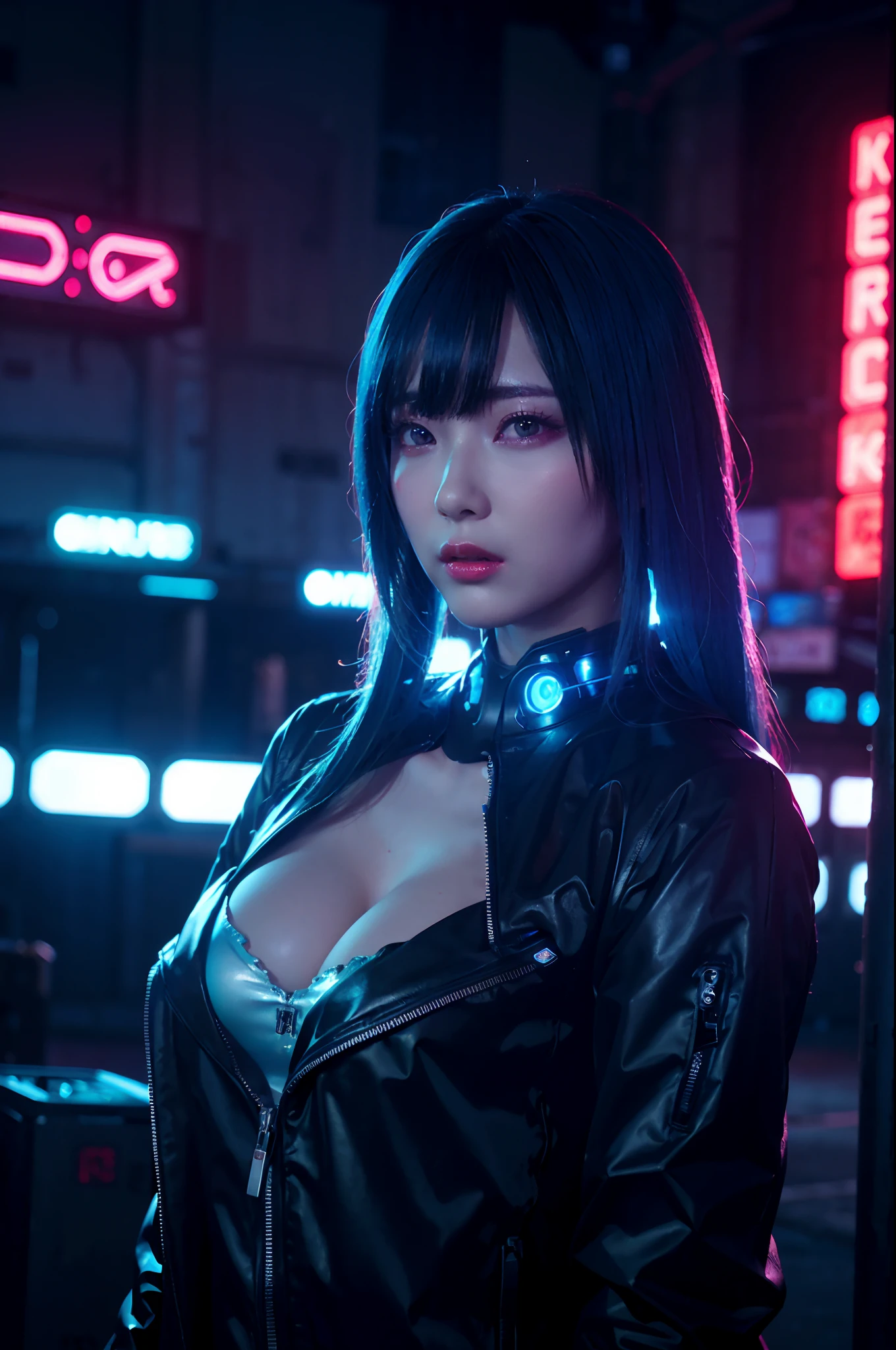 Neon Noir Beautiful Female Semi Robot,Looking at Viewer, . Cyberpunk, Dark, Back alley, neon signs, High contrast, low illuminance, Vibrant, Highly detailed, Sky Blue Hair Color, Luminous Eyes
