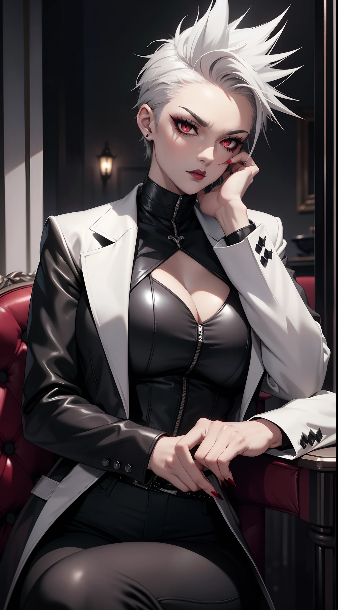 Adult woman, short gray hair, spiked hair, red eyes, black eye shadow, black lipstick, White aristocrat jacket, black tight pants, large breasts, musculature, claws, lock, sits on a chair, Masterpiece, hiquality, 4k, HD, Good detail