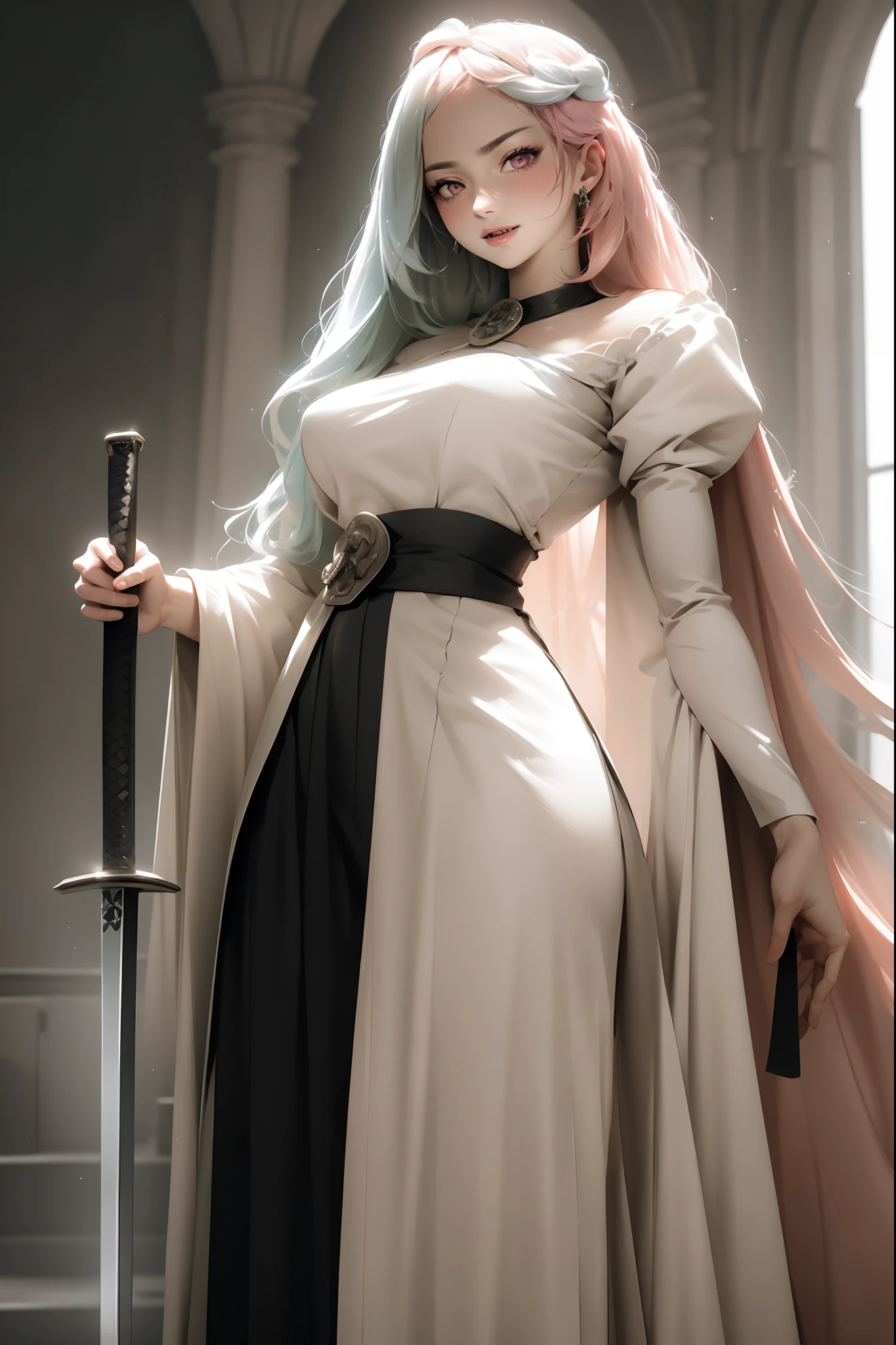 (best quality, highres, ultra-detailed), portraits, woman in medieval clothes, a stunning priestess with pink eyes and a captivating smile, standing alone indoors. Her open mouth reveals sharp fangs, adding an intriguing touch to her enchanting appearance. She exudes an aura of power and grace, holding a sword with confidence in one hand. Her long skirt gracefully flows down to the floor, creating a dramatic and elegant silhouette. The skirt is adorned with intricate patterns and embroidery, further emphasizing her noble status. The priestess wears a large straw hat that partially shades her face, adding an air of mystery. The lighting in the room is soft, casting gentle shadows and illuminating her features. The color palette leans towards pastel tones, enhancing the ethereal atmosphere. The artwork aims to capture the essence of this medieval priestess, with attention to every detail, resulting in a visually stunning and portrayal.