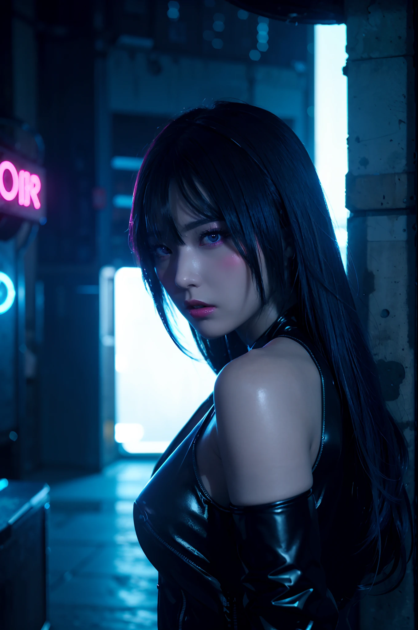 Neon Noir Beautiful Female Semi Robot,Looking at Viewer, . Cyberpunk, Dark, Back alley, neon signs, High contrast, low illuminance, Vibrant, Highly detailed, Sky Blue Hair Color, Luminous Eyes