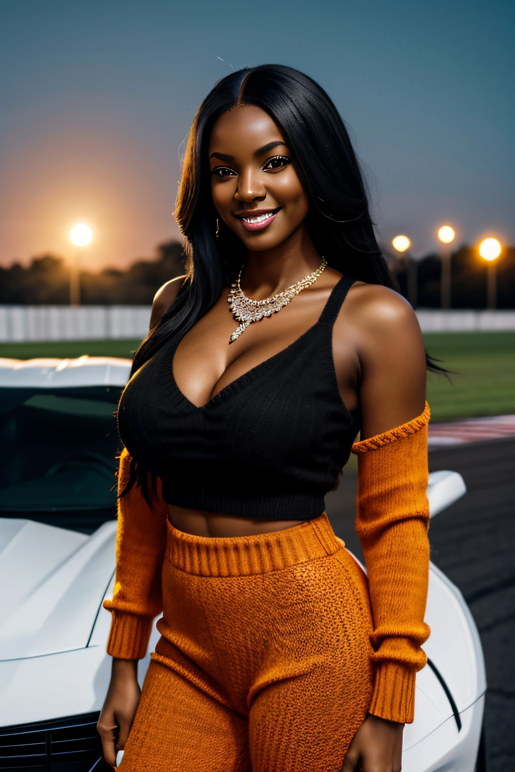 Black model, Black woman, smiling, big breast, clevage, orange sweater, shoulders out, face forward, green eyes, diamond necklace, hands on hip, standing beside a corvette, 8k ultra realistic,long black hair, at a race track background, at night, moon backdrop, good lighting, season fall