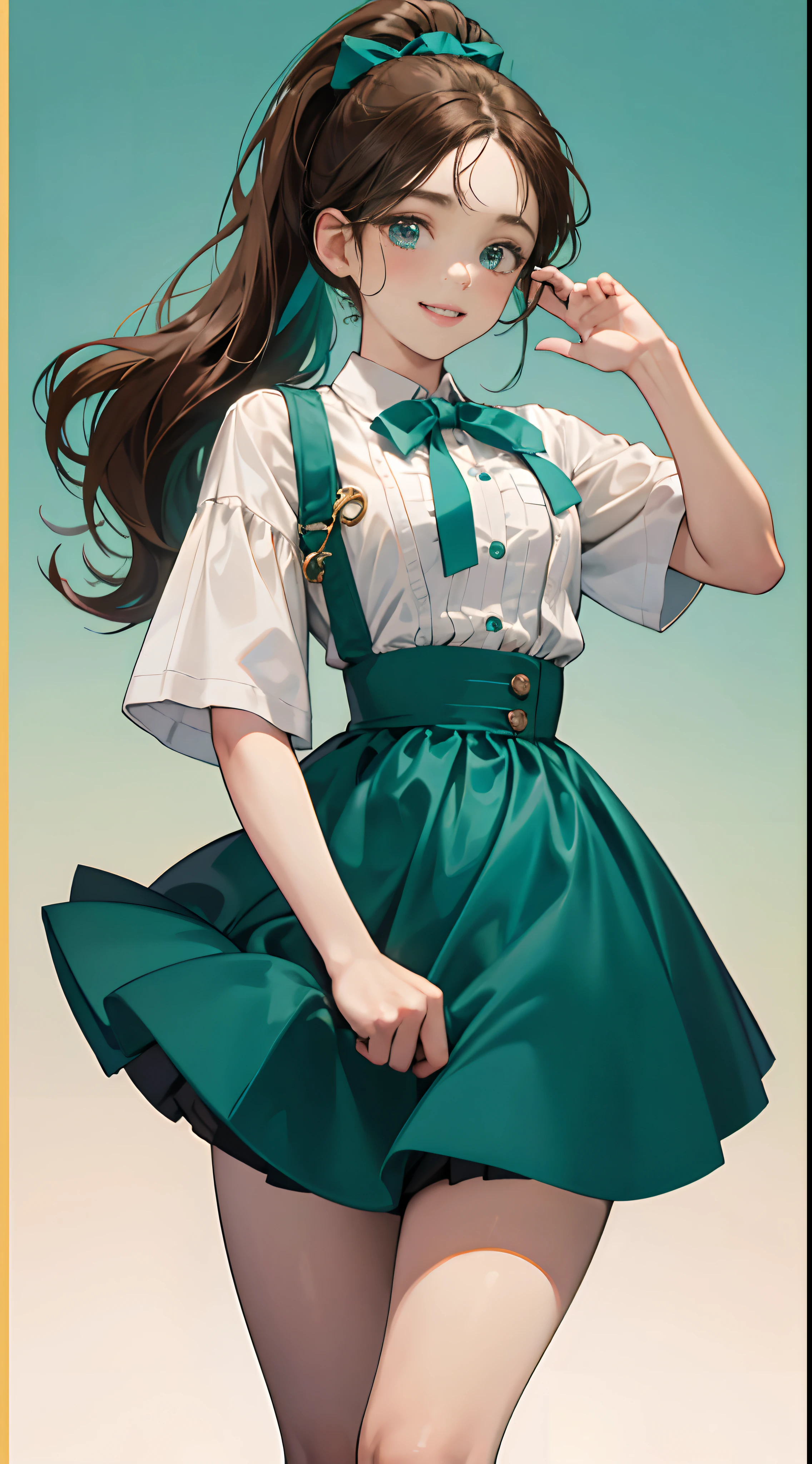 1womanl,12year old,Brown hair,Beautiful ponytail hairstyle, (Teal High Waist Skirt:1.3),, (whiteshirt:1.3), (double-breasted,Underbust:1.2), Short sleeves, buttonGap,natural smile,small tits,,