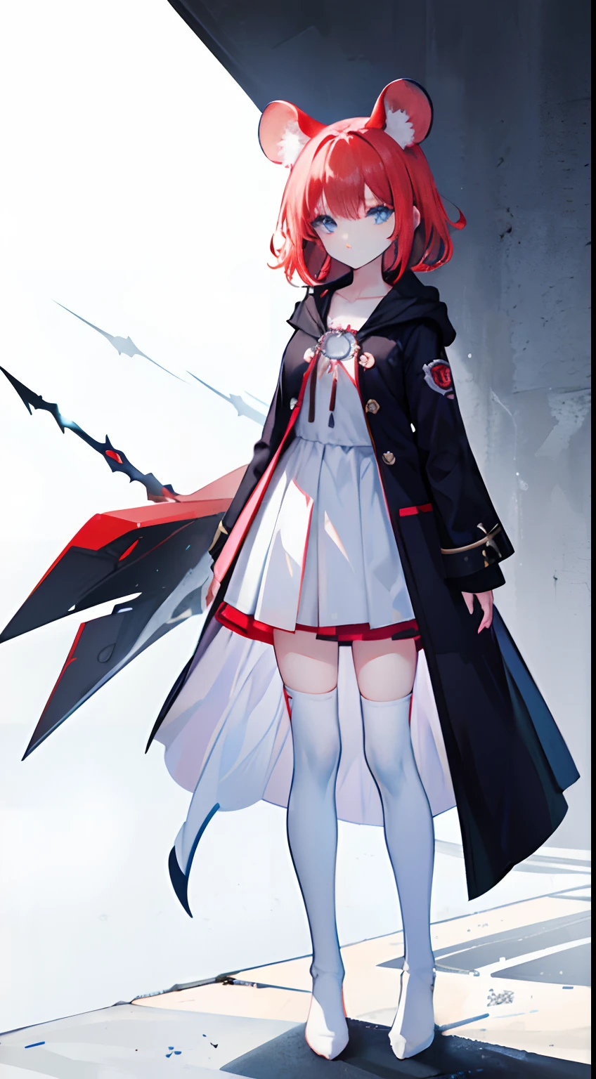 1girll;short fiery red hair;messy hair style;Azka Blue Eyes;Calm expression;robe blanche;medium build;Black Over the Knee Socks;White boots;Good light;Vacant land,Mouse ears