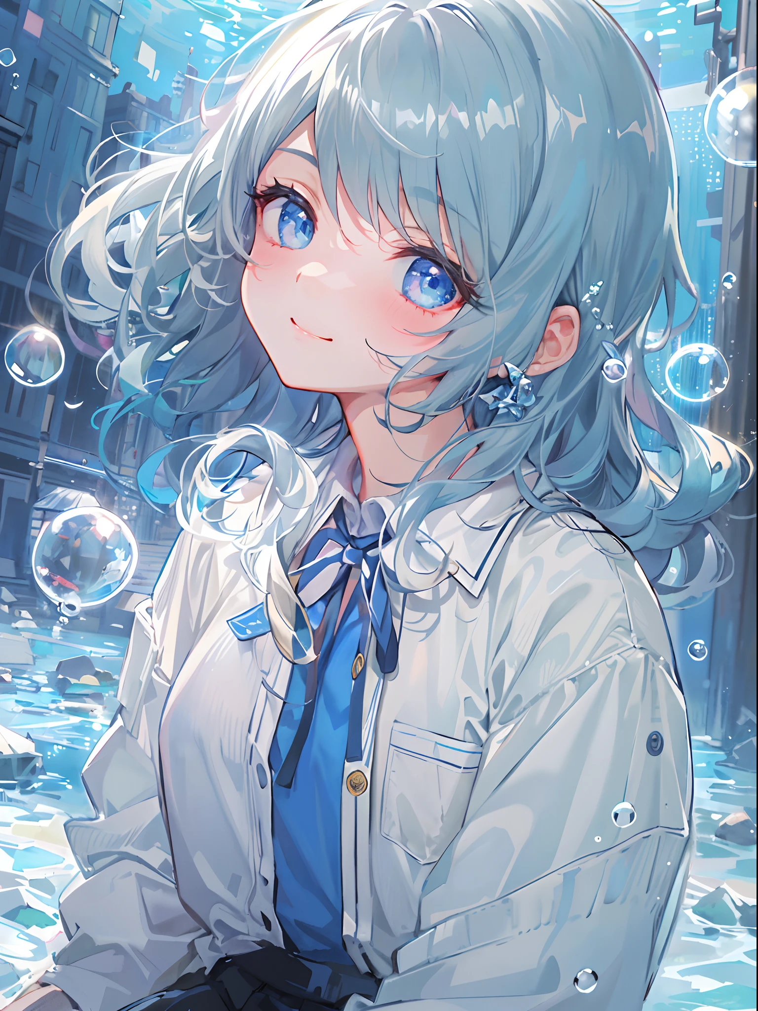 ((top-quality)), ((masterpiece)), ((ultra-detailliert)), (Extremely delicate and beautiful), girl with, 独奏, cold attitude,((Black jacket)),She is very(relax)with the(Settled down)Looks,A dark-haired, depth of fields,Evil smile,Bubble, under the water, Air bubble,bright light blue eyes,inner color with bright gray hair and light blue tips,,,,,Cold background,Bob Hair - Linear Art, shortpants、knee high socks、White uniform like school uniform、Light blue ribbon ties、Clothes are sheer、Hands in pockets、Bright eyes like sapphire,Fronllesse Blue, A small blue light was floating、Upper Eyes、foodie