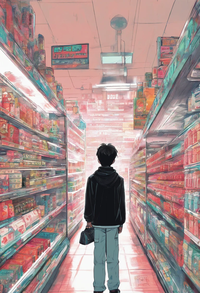 “Boy facing right in the style of 90’s vintage anime,black coat, surrealism, akira style, detailed line art, fine details, inside a 7/11 convenience store, drink aisle, neon, white background,”