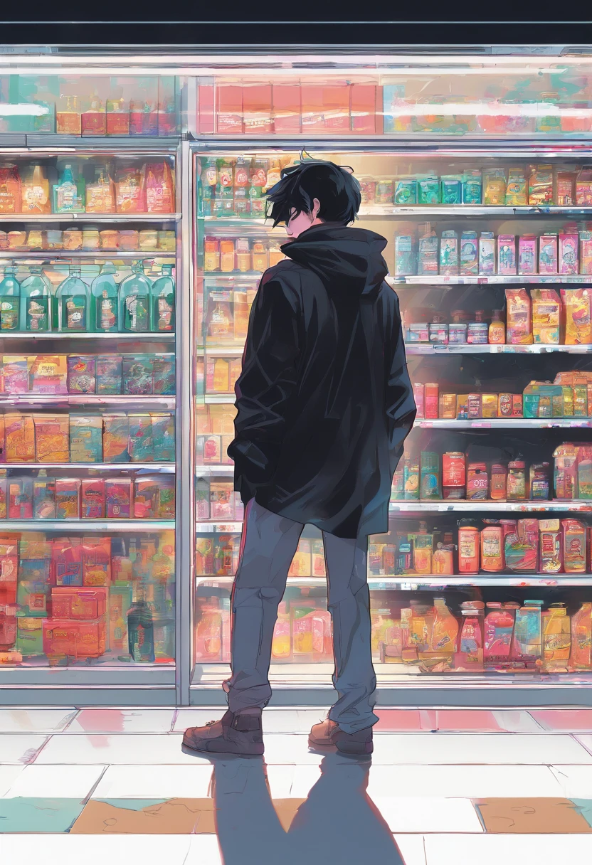 “Boy facing right in the style of 90’s vintage anime,black coat, surrealism, akira style, detailed line art, fine details, inside a 7/11 convenience store, drink aisle, neon, white background,”