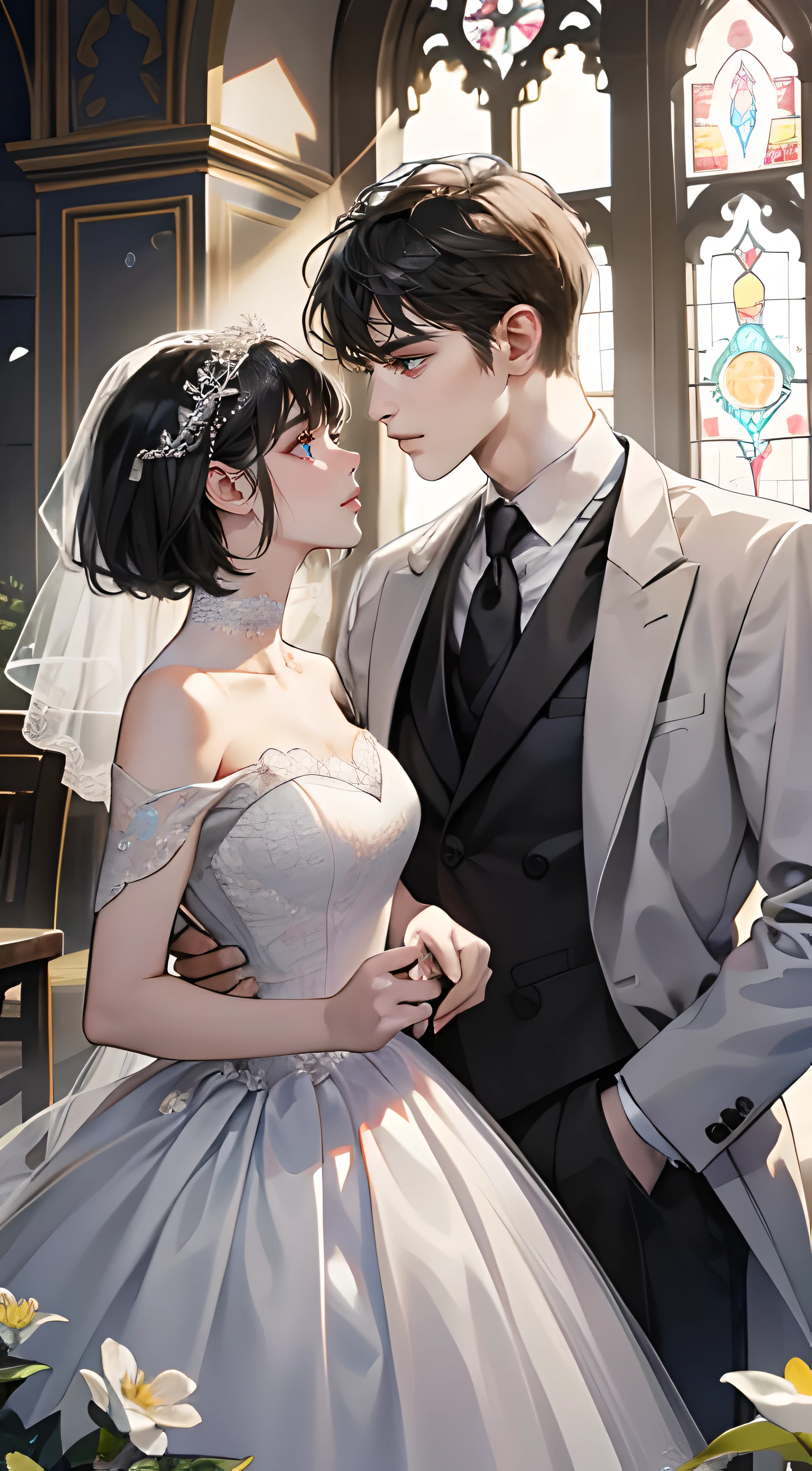 romantic couple look at each other, loving in their wedding, wedding day, black-haired mature man，Girl with black short hair with fringe (soft smile, shy) (the girl is short)，different height ((the man is taller)), morning light, Glow effects, the morning，in the church，The face is clear and accurate，detail in face，super-fine，castle, a lot of flowers in the background，16K resolution，high quality, High picture detail，dynamic viewing angle，Epic shooting，oc rendered, detailed light, detailed shadow