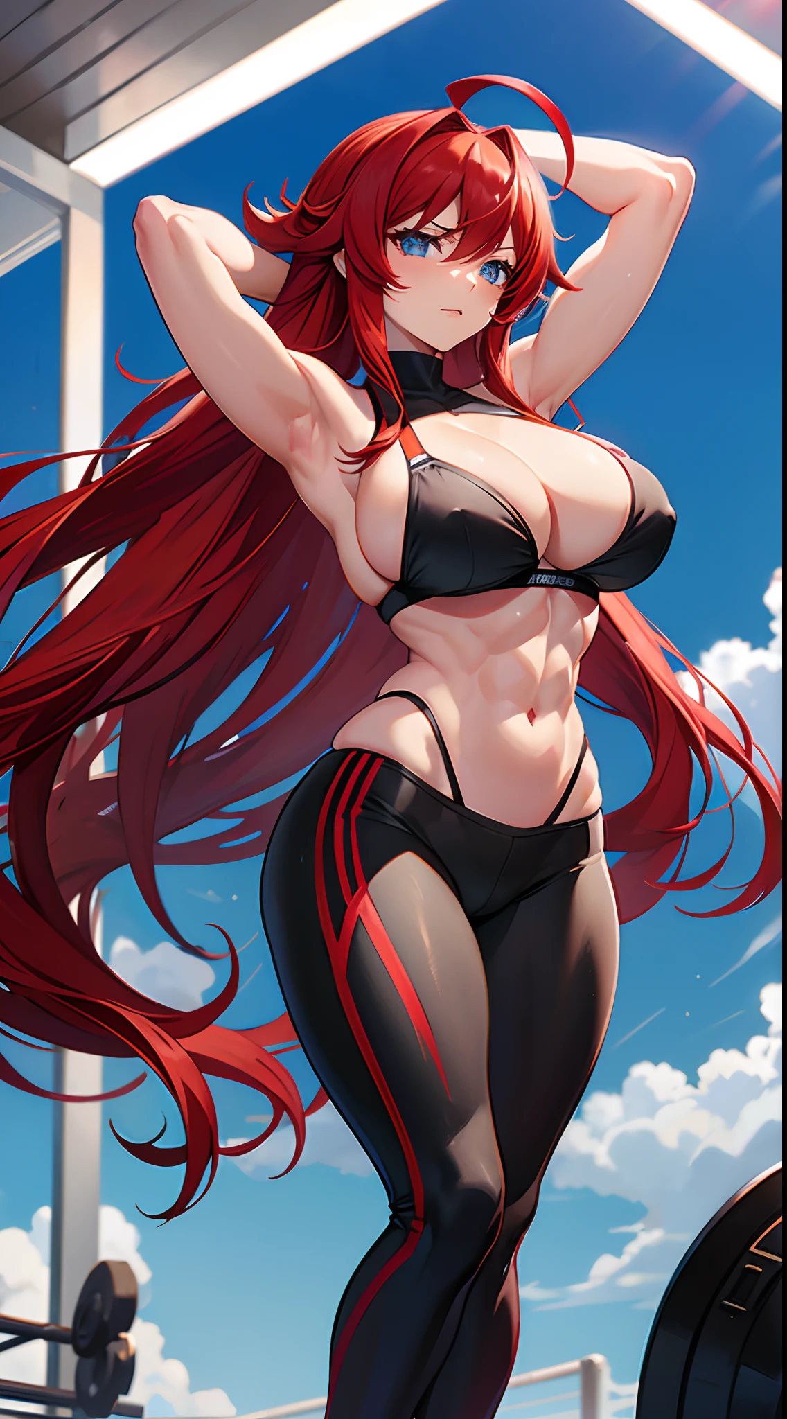 Rias Gremory, six-pack abs, arm muscles,Long hair, sport bra, red hair, ahoge, blue eyes, large breasts, extra very long hair,big breastes, sports leggings, huge ahoge, Standing, Gym,