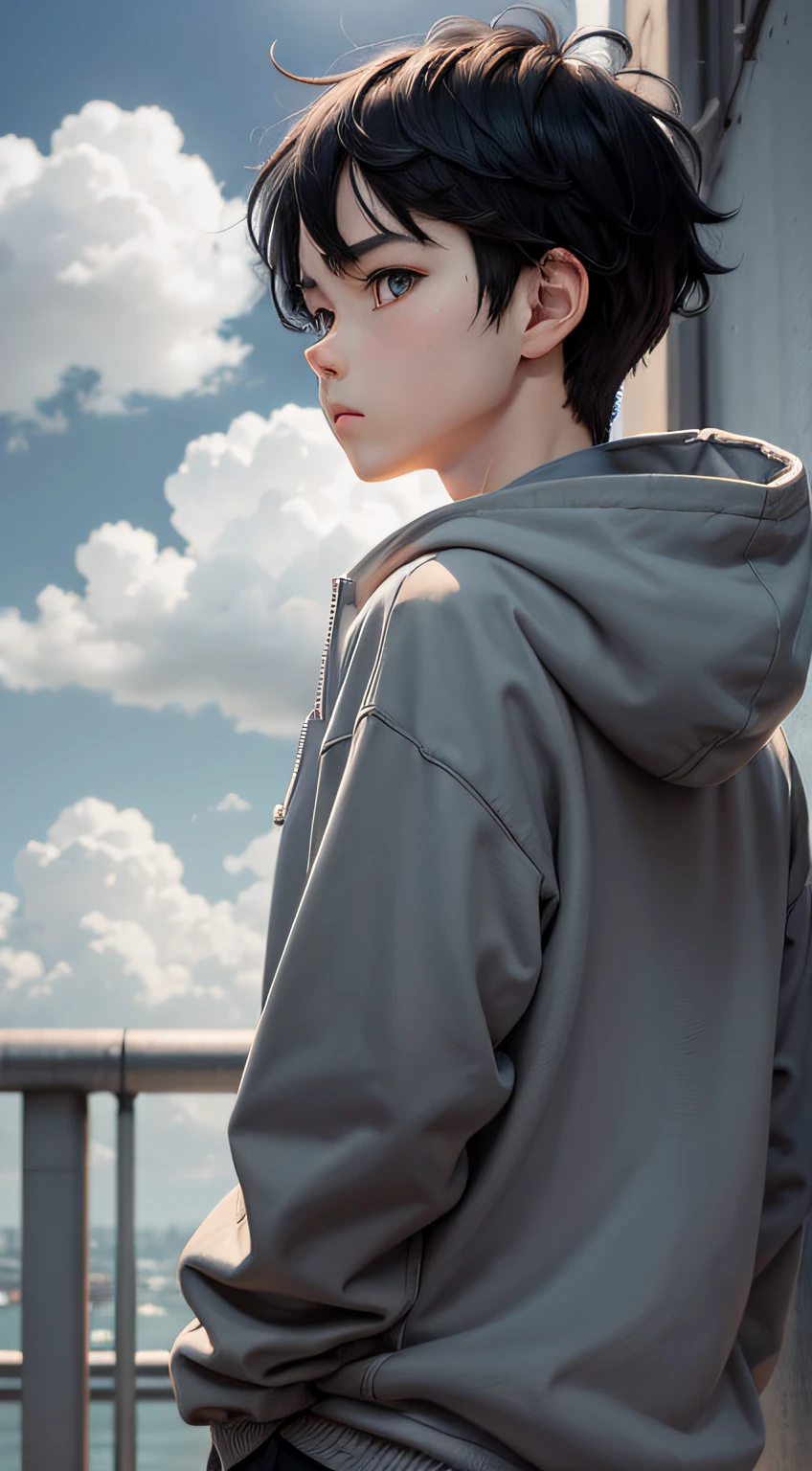 anime boy, 1boy, black hair, wear grey hoodie, looking away at the sky, facing away, from behind, sky with clouds, afternoon, lo-fi, camera from below, figure postition a little bit on the edge, in frame show half body half sky