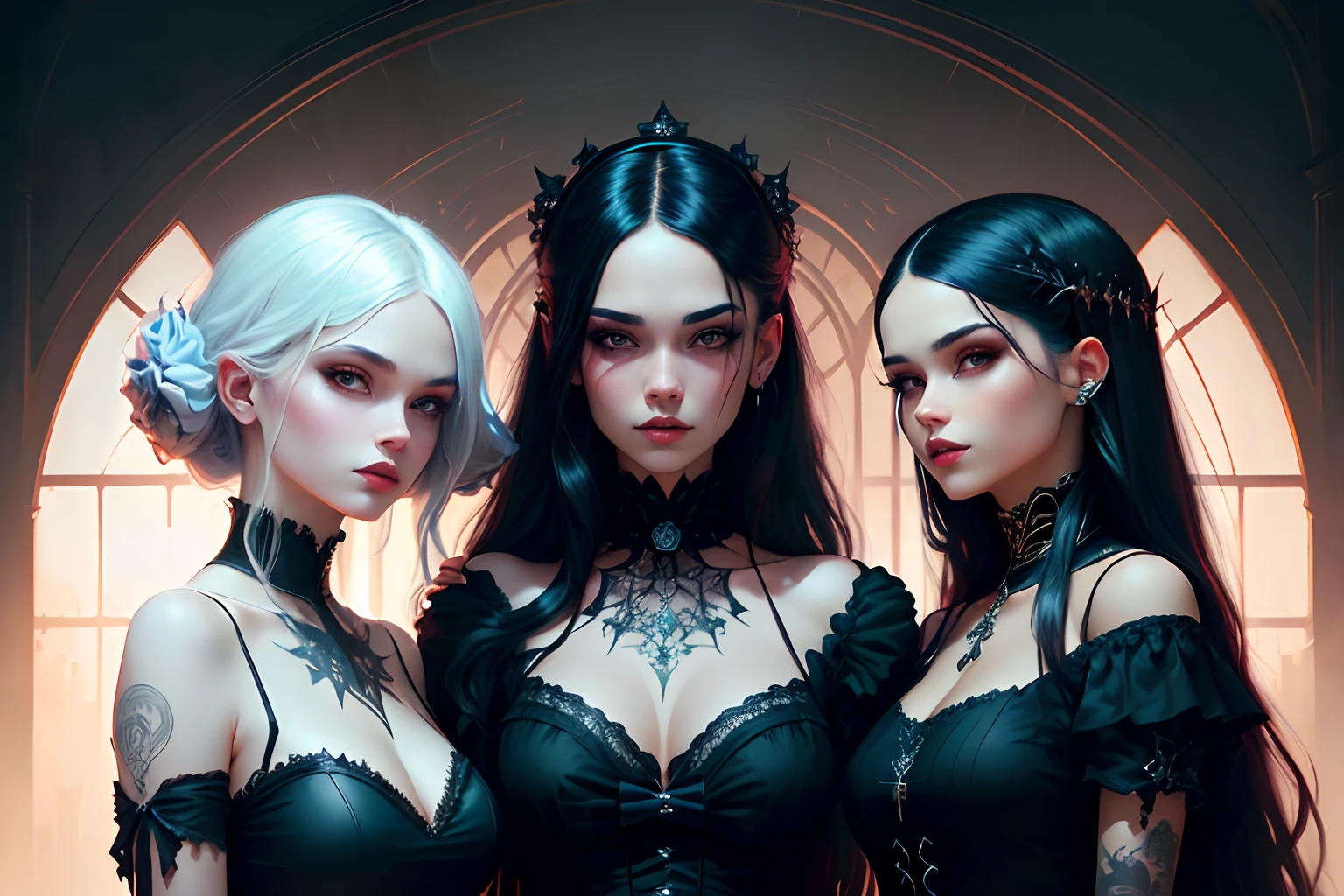 Three women dressed in gothic costumes posing for a photo, goth family, arte de estilo fantasia escura, Arte no estilo de Guweiz, estilo de arte de fantasia, fantasia vampiros, Carmilla Vampiro, Gothic fantasy art, estilo Artgerm, No estilo de arte de Bowater, Artgerm. anime illustration, Arte Estilo Tom Bagshaw, no estilo Artgerm