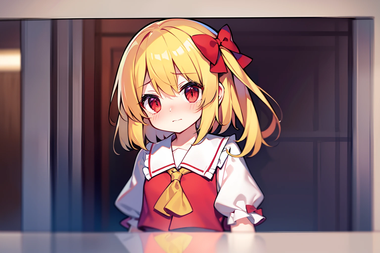 Flandre Scarlet、 beautiful countenance、Eye Highlights、embarrassed from、Petite、bright yellow hair、shortsleeves