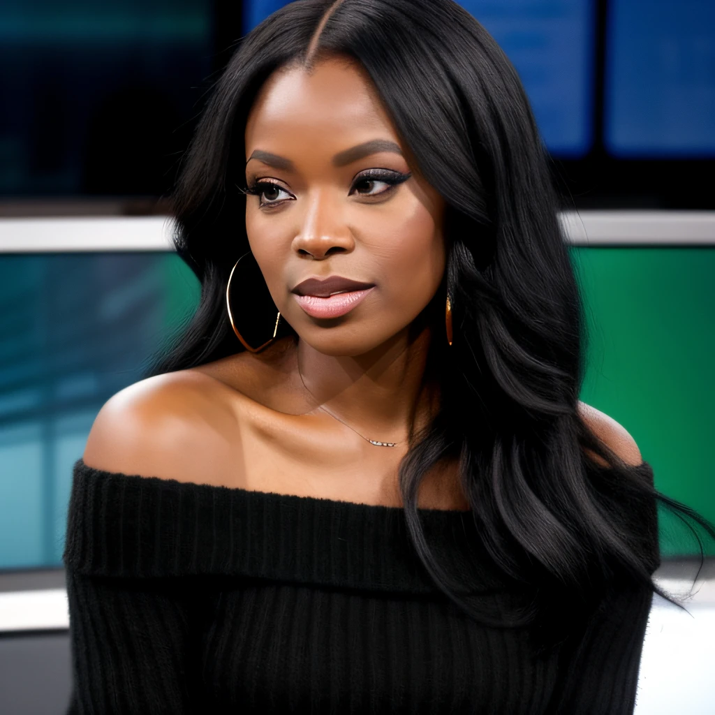Black woman long black hair, green eyes black sweater, off shoulders, faced forward, sitting at a news desk