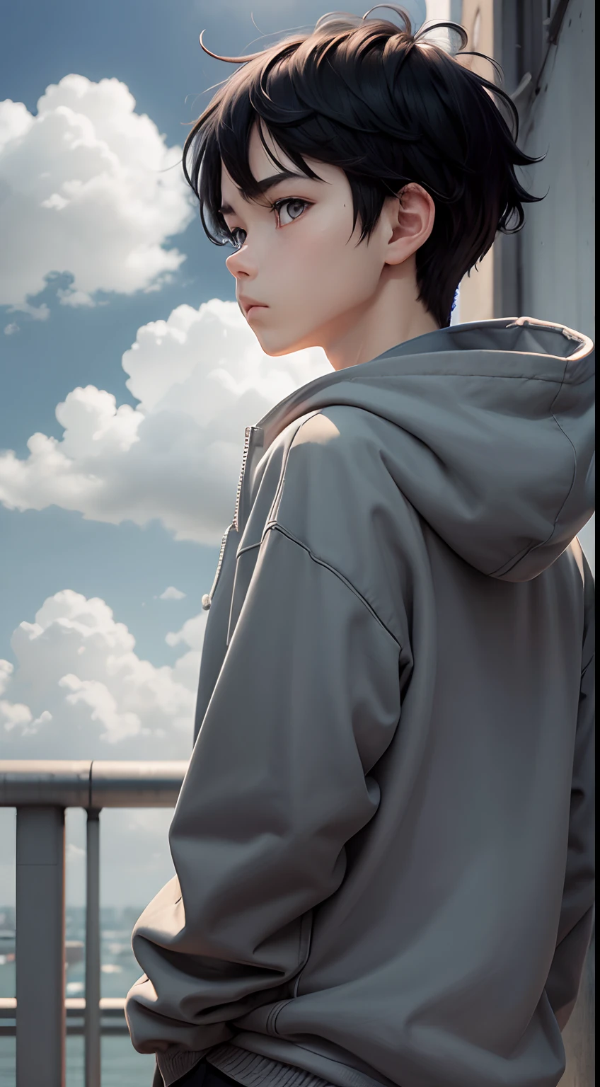 anime boy, 1boy, black hair, wear grey hoodie, looking away at the sky, facing away, from behind, sky with clouds, afternoon, lo-fi, camera from below, figure postition a little bit on the edge, in frame show half body half sky