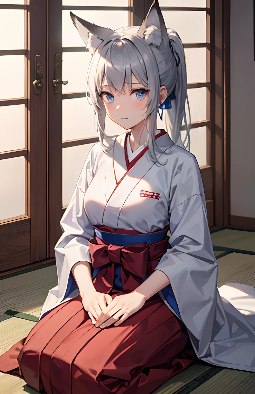 ​masterpiece,Top image quality,hight resolution,imagem 4k,Raw photo,Photorealsitic,{Solo},teens girl,Embarrassment,Silver Ponytail,stare at each other,,Blue eyes,小柄,,Silver fox ears,Fox tail,Hakama,boyish,Tatami mats、traditional Japanese room,,swordsmen、The sword