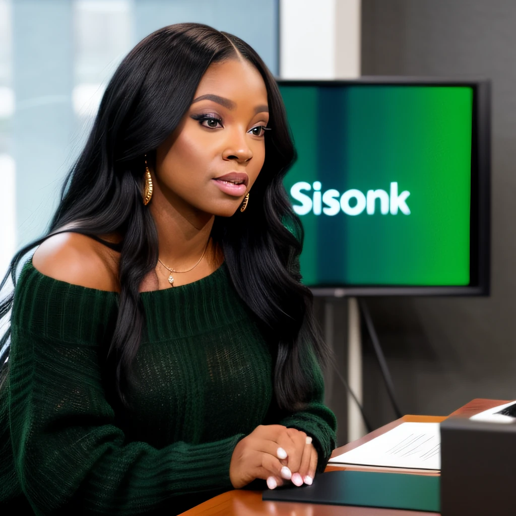 Black woman long black hair, green eyes black sweater, off shoulders, faced forward, sitting at a news desk