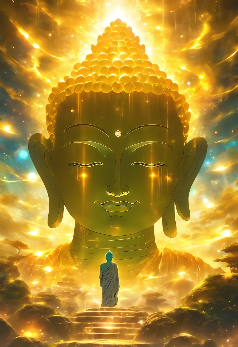 Giant transparent Buddha head looking at yellow planet in cosmic soil，glow effect，OC rendering