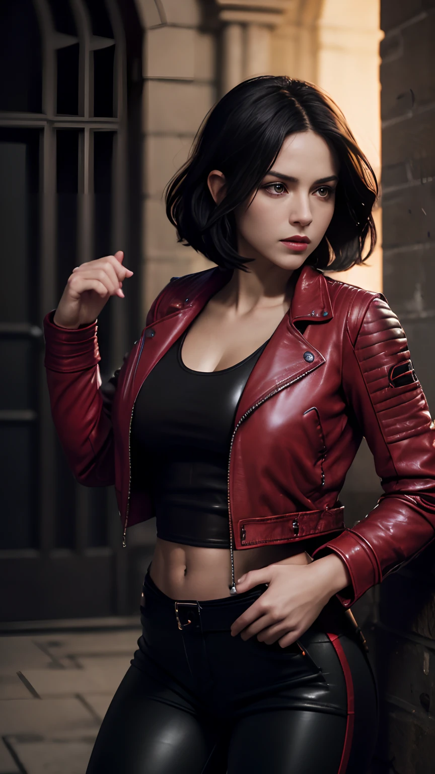Photorealistic Production,  (One Person),  (Ultra Realistic Image of a Gorgeous 25 Years Old British Female Vampire Mercenary),  (Athletic Body Builds:1.2),  (Shoulder-level Messy Bobcut Black Hair:1.2),  (Pale Skin:1.4),  (Wearing Red Leather Jacket, Black Tanktop, and Black Tight Pants:1.6),  (Dynamic Pose),   (Dark Castle at Night:1.4),  Centered,  (Waist-up Shot:1.4),  From Front Shot,  Insane Details,  Intricate Face Detail,  Intricate Hand Details,  Cinematic Shot and Lighting,  Realistic Colors,  Masterpiece,  Sharp Focus,  Ultra Detailed,  Taken with DSLR camera,  Realistic Photography,  Depth of Field,  Incredibly Realistic Environment and Scene,  Master Composition and Cinematography