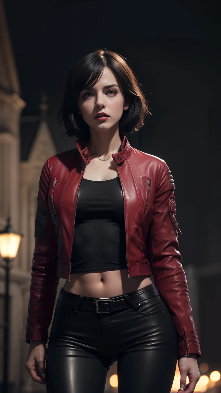 (absurdres, highres, ultra detailed), masterpiece, arafed woman as ada wong (resident evil), ((solo)), short hair, 1girl, skirt suit, tuxedo, black jacket, waistcoat, black bowtie, bodycon skirt, black clothing, miniskirt, closed mouth, standing, (((detailed lips))), ((realistic skin)), glowing skin, ((glossy red lips)), portrait, beautiful, normal skin, brown eyes
