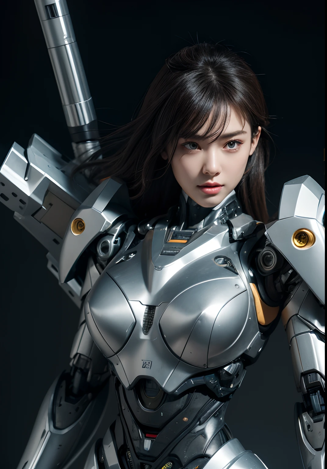 Textured skin, Super Detail, high details, High quality, Best Quality, hight resolution, 1080p, hard disk, Beautiful,(cyborgs),beautiful cyborg woman,Mecha Cyborg Girl,Battle Mode,Girl with a Mecha Body,She wears a battle cyborg mech with a weapon,Fulll body Shot