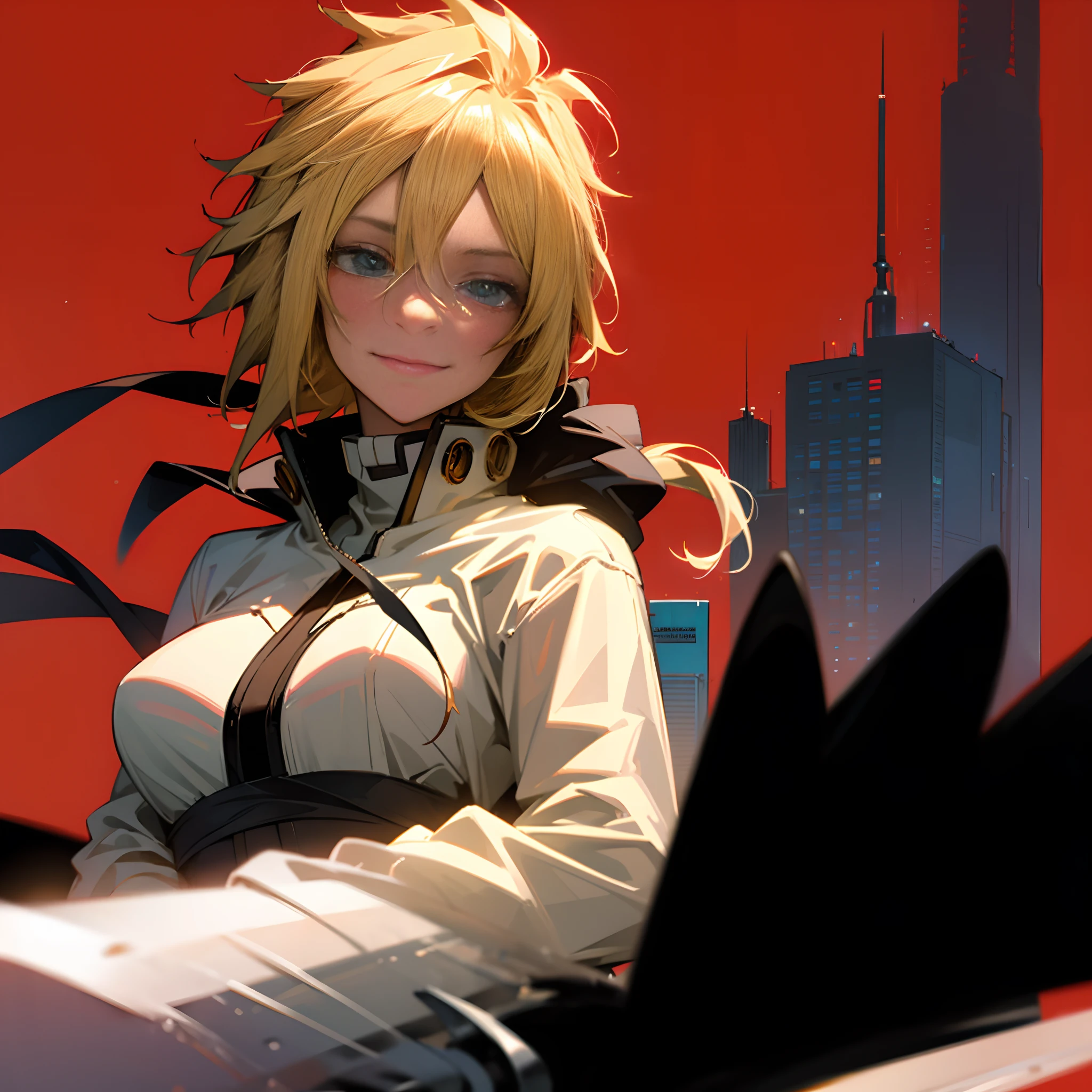 -yeld wo, Tear a smile to the ears., Eyes hardened., Red background of the city at night