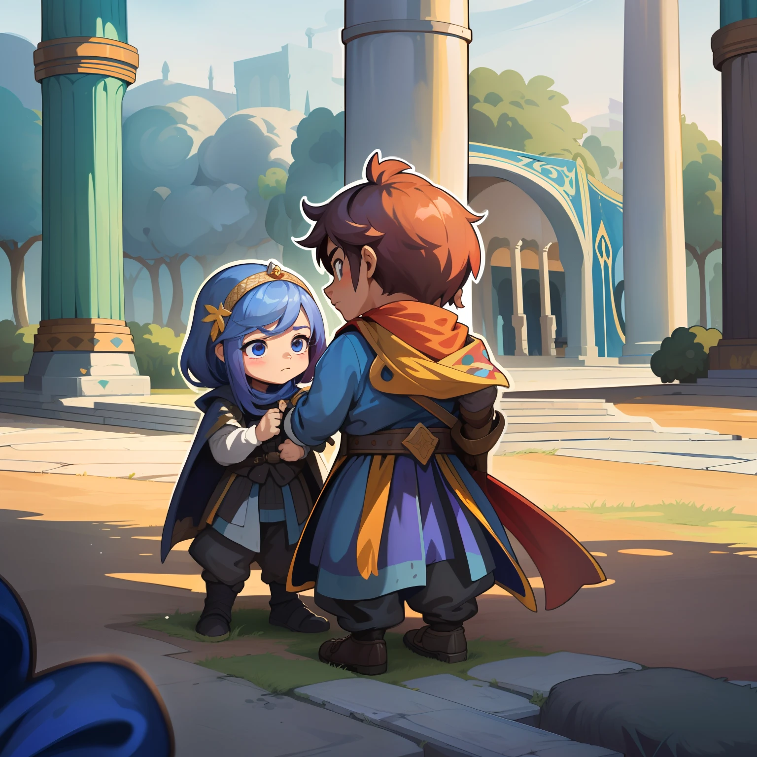 Adesivos, fundo simples, dois personagens masculinos, A King Glimpsing His Successor in Ranged Combat Training, Inside the Royal Palace, Children's Story Illustrations, conta de fadas, cores vibrantes, um rei velho, um novo rei jovem, cartoon illustration, disco Rigido, best quality, Chibi