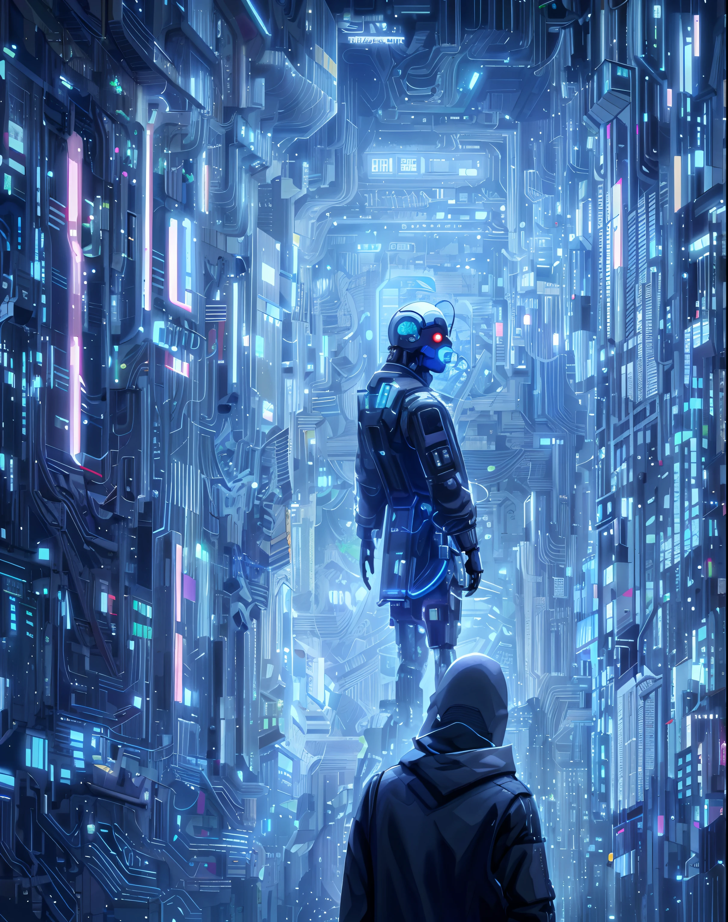 There's a man standing in a futuristic city with a robot, advanced digital cyberpunk art, em estilo de bipe, arte digital sci-fi, estilo de arte cyberpunk, detailed cyberpunk illustration, cyberpunk digital - arte de anime, Estilo Beeple, em uma cidade cyberpunk futurista, cyberpunk scifi, Sci-Fi Digital Art Illustration, Beeple e Greg Rutkowski