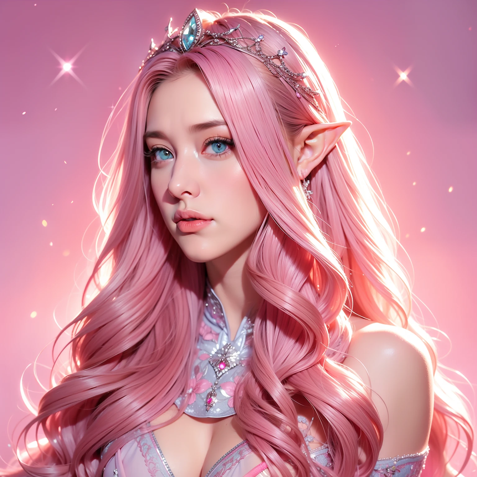 Woman, long curly hair, pink hair, blue eyes, elf, Magical background, Queen, sensual, sexy, bright eyes, cute, pink background, magical, magic around, elf, voluminous hair, queen